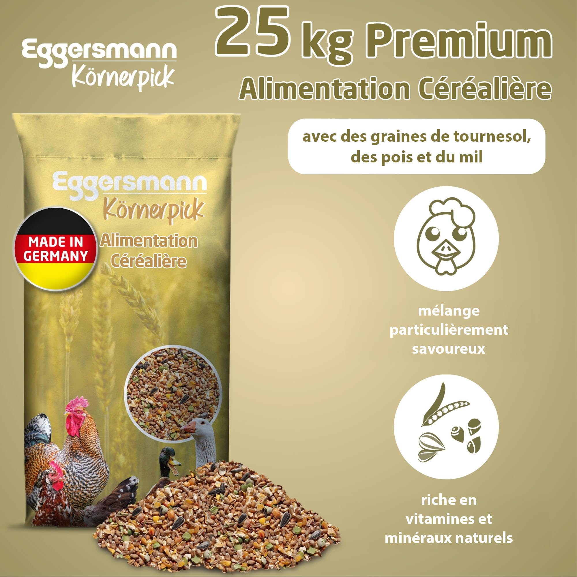Eggersmann Körnerpick 25kg Premium Nourriture Poule - Premium Aliments pour volailles - Graines Poule - Premium mélange de graines pour Poules, oies & Canards de Fabrication Naturelle