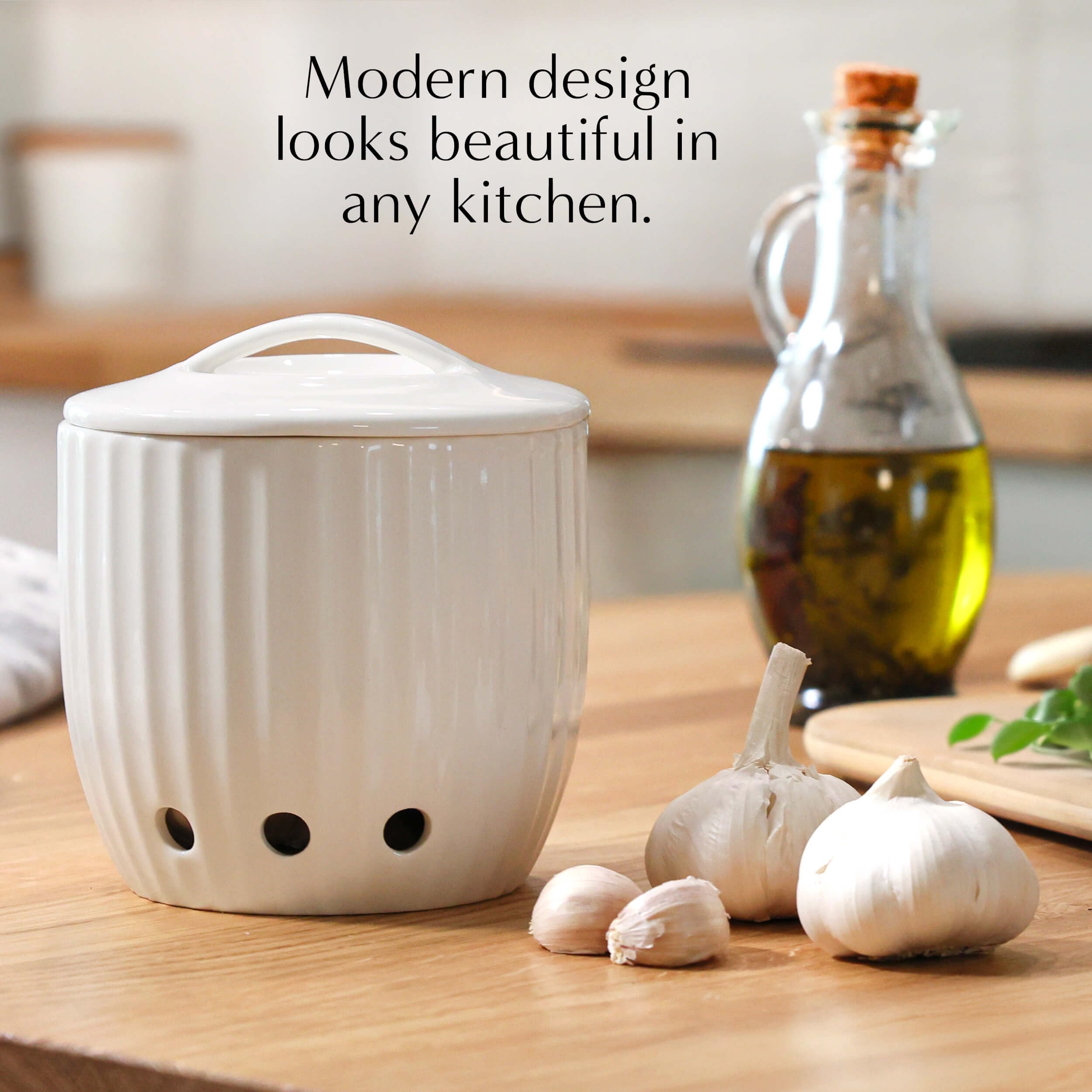 Ceramic Garlic Keeper - Dishwasher Safe Garlic Holder w/ Lid - Vegetable Storage Keeper w/ Ventilation Holes for Keeping Veggies Fresh & Dry - Modern Countertop Storage Containers for Cooking Lovers
