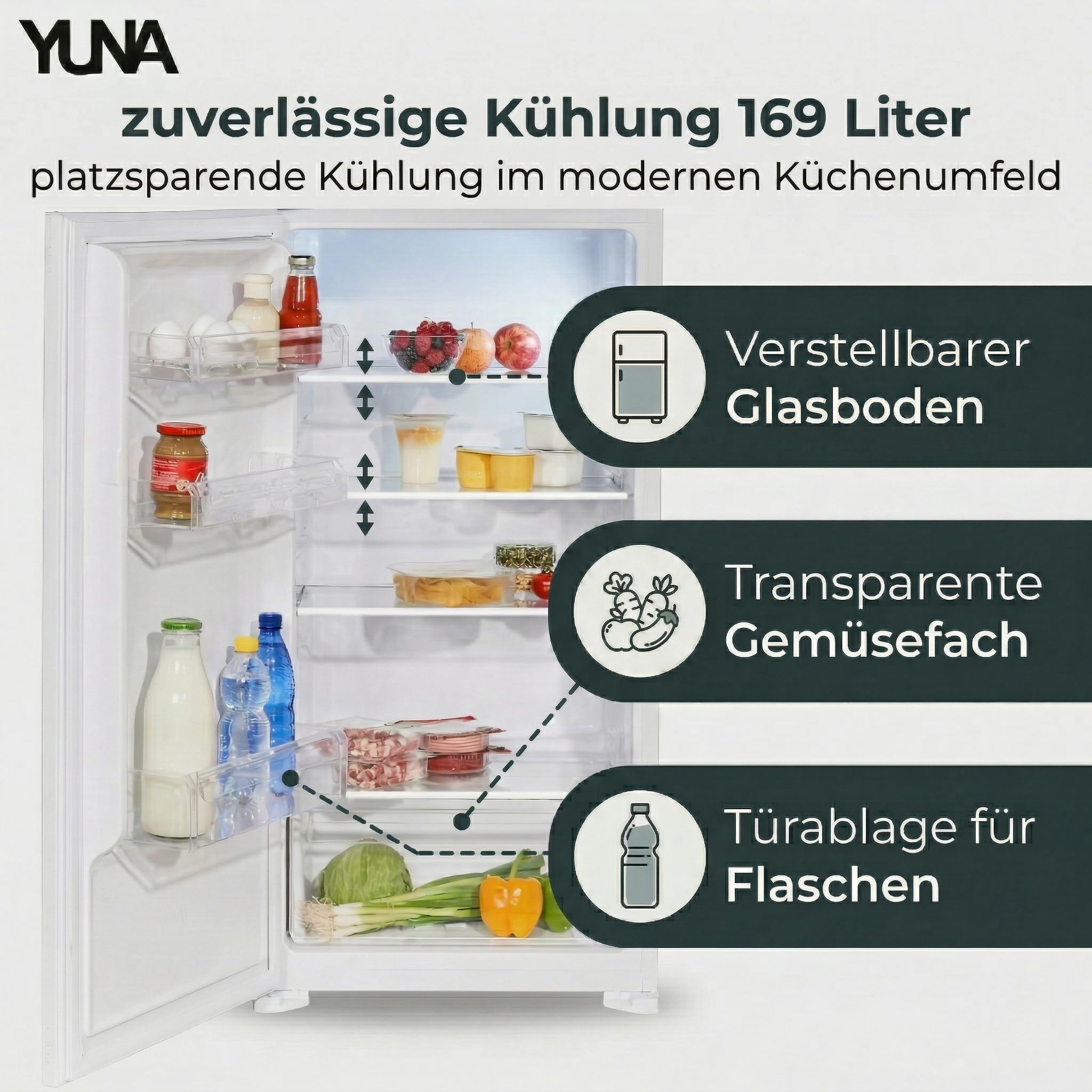 YUNA Einbau Kühlschrank Fedora EKG225E 205L Kühl- / Gefrierkombi LED Schlepptür