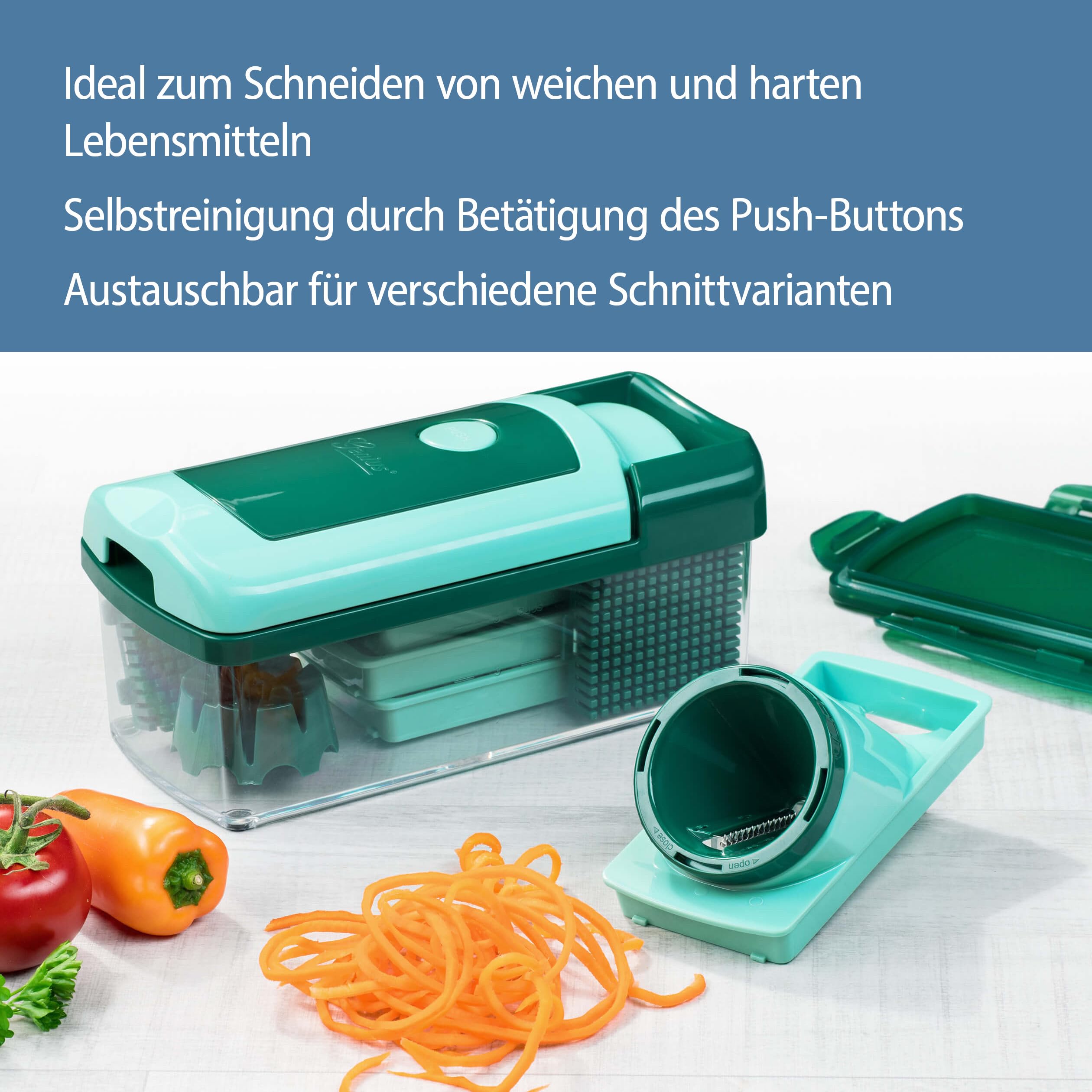 Genius Nicer Dicer Fusion Smart Julietti | Mint-Grün | 16 Teile | Alles-Schneider | Reiben | Julienne | Spiralen | Hobeln | Würfeln | Schneid-Gerät | Bekannt aus TV | NEU, 28.5 x 21 x 16.3 cm