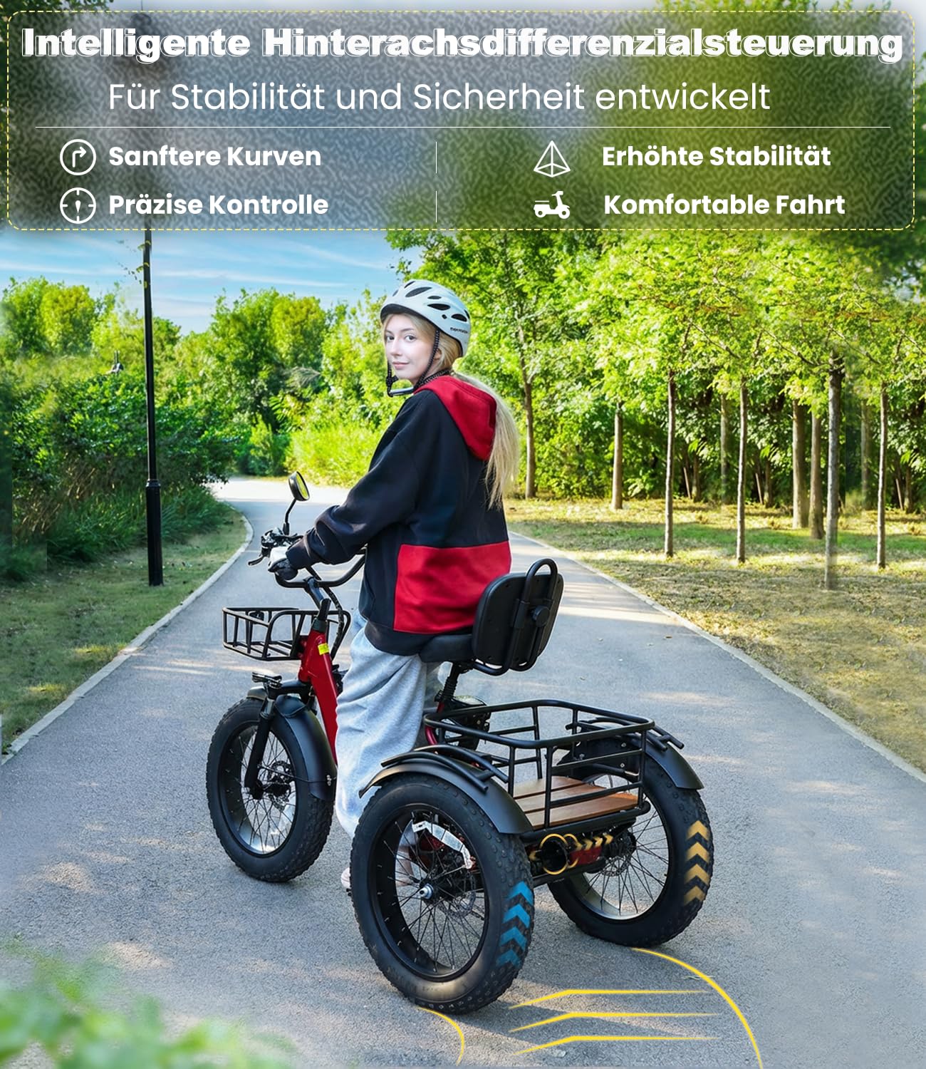 KAKIGO Elektro-Dreirad Für Erwachsene,Fat Tires Elektro-Dreirad,250W Motor,95 Nm,48V 18/10.4Ah Akku,20 Km/h, Vorder-&Hinterkorb,Differenzial,90/50Km Reichweite,Differential