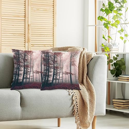 Miniatura 2 de Swono Juego de 2 fundas de almohada de bosque brumoso, fundas de cojín cuadradas con árboles de otoño brumoso, paisaje, fundas de almohada