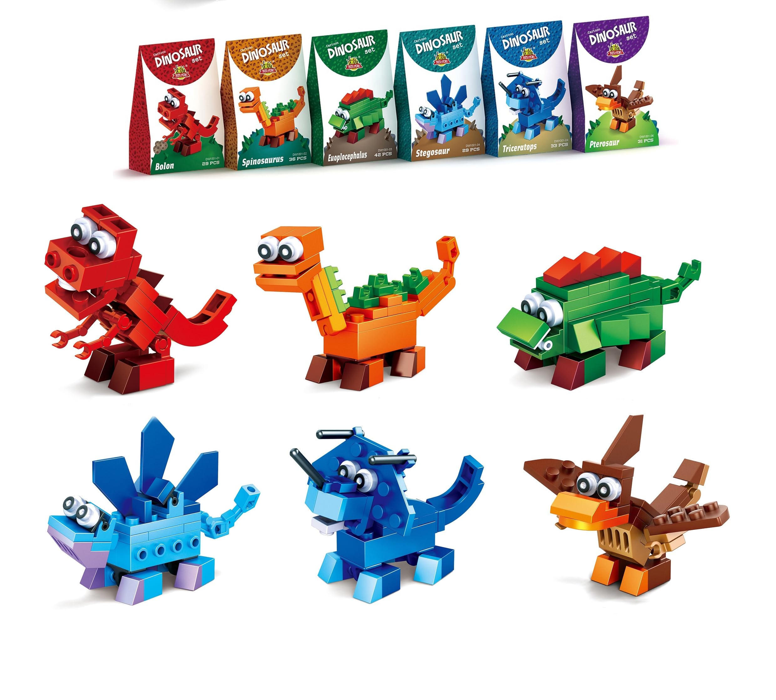 Anila's Construction Building Bricks Sets - 6 Dinosaur Blocks Sets that are individually boxed. Comes with 30 Assorted Individual Stickers. — image 1