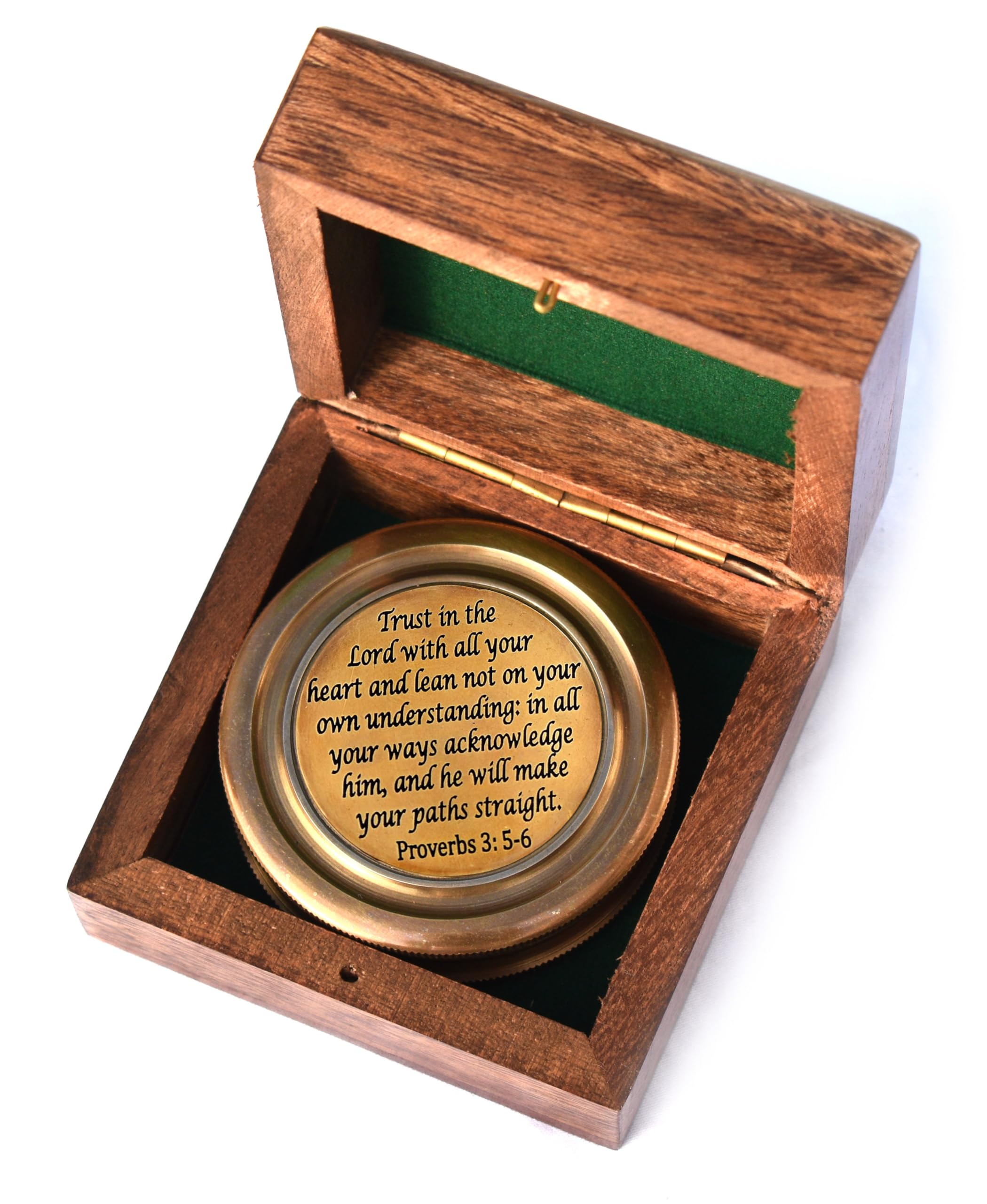 Engraved Brass Compass With Proverbs 3:5-6 - Victorian Design | Wooden Box Gift For Travelers