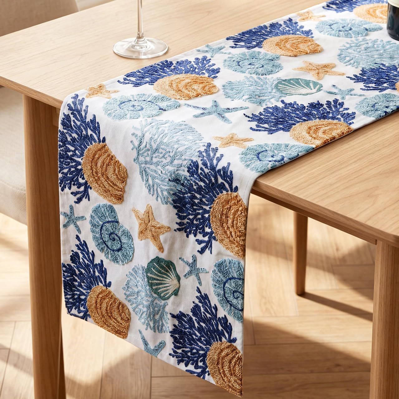 Tofficu Embroidered Canvas Table Runner 13" x 72" Ocean Coastal Design | Textured Seashell & Coral Embroidery, Thick Washable Fabric, Lays Flat, Beach House Dining Table Decor