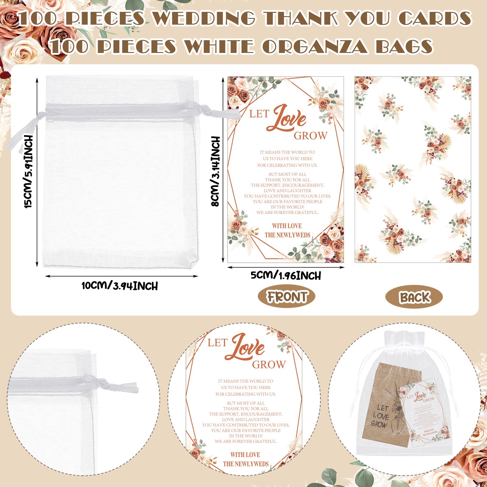 Ireer 301 Hochzeitsgeschenk-Set beinhaltet 1 Holzschild mit Aufschrift "Let Love Grow", 100 selbstklebende Samenpakete, Kraftpapier, Samenumschläge, 100 Dankeskarten, 100 Organza-Geschenktüten (Boho)