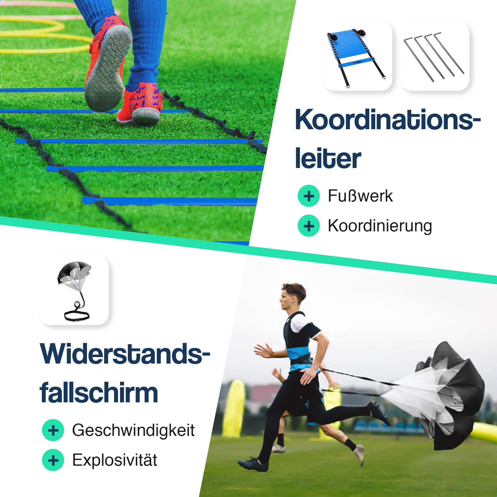 Hulser Fußball Trainingszubehör 26-teilig - Mit Koordinationsleiter 6 m, Hürden, Markierungshütchen, Springseil, Widerstandsfallschirmund und Widerstandsband-Set - Bewegungsgeschwindigkeit