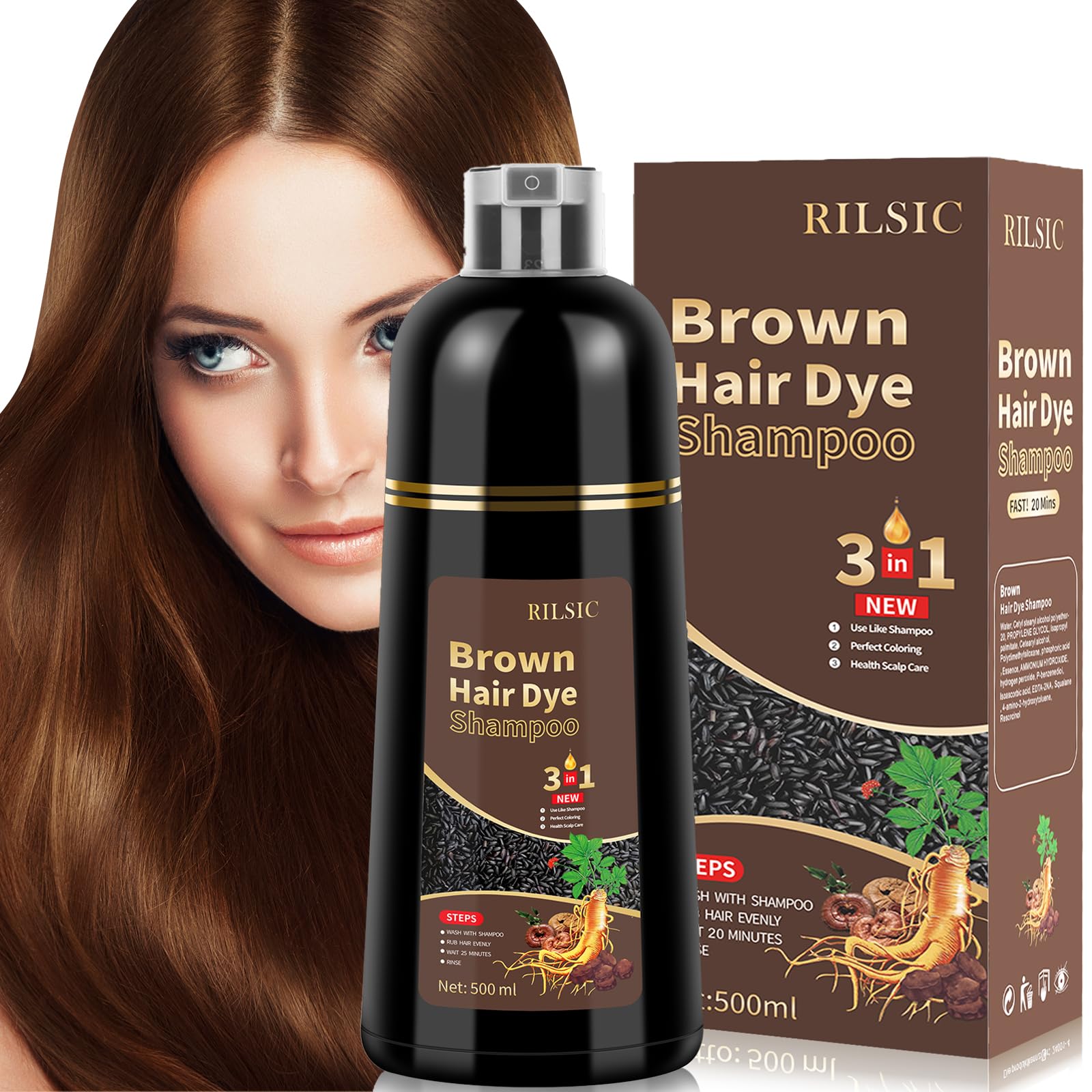 500ML Hair Color Shampoo for Women Men, Hair Dye Shampoo for Grey Hair Beard Coverage, Instant Colour Shampoo 3 in 1 - Long Lasting - Natural - Hair Coloring Hair in Minutes (Light Brown)