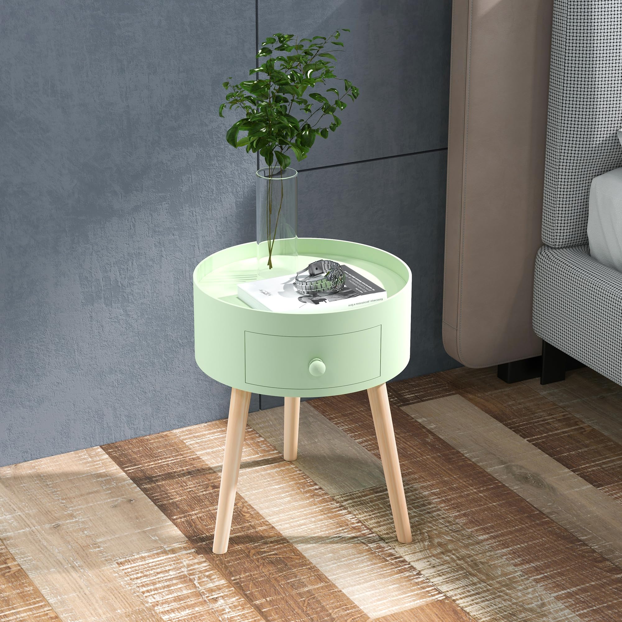 HOMCOM Tavolino da caffè - Tavolino rotondo con cassetto, Verde | Design scandinavo, tavolino da salotto, gambe affusolate e angolate, legno massello