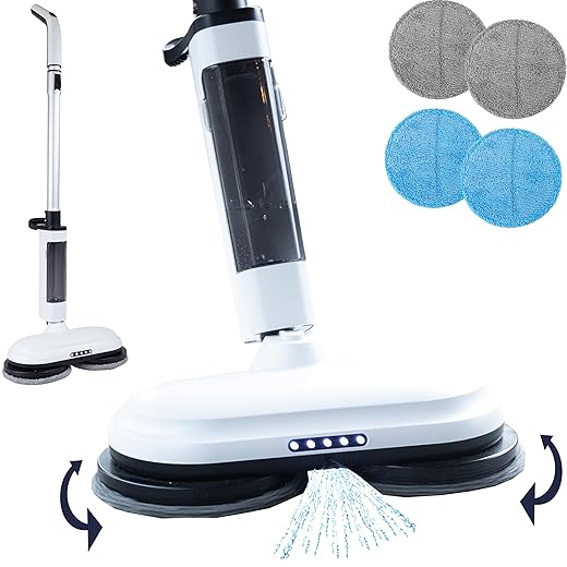 CleanRite® Dweilsysteem 2-in-1 | Dweil Systeem Elektrisch Spray-Mop voor Natte en Droge Reiniging | Mop met Verstelbare Steel, Draadloos | Vloerreiniger, LED-Lichten & 4 Reinigingspads | Wit