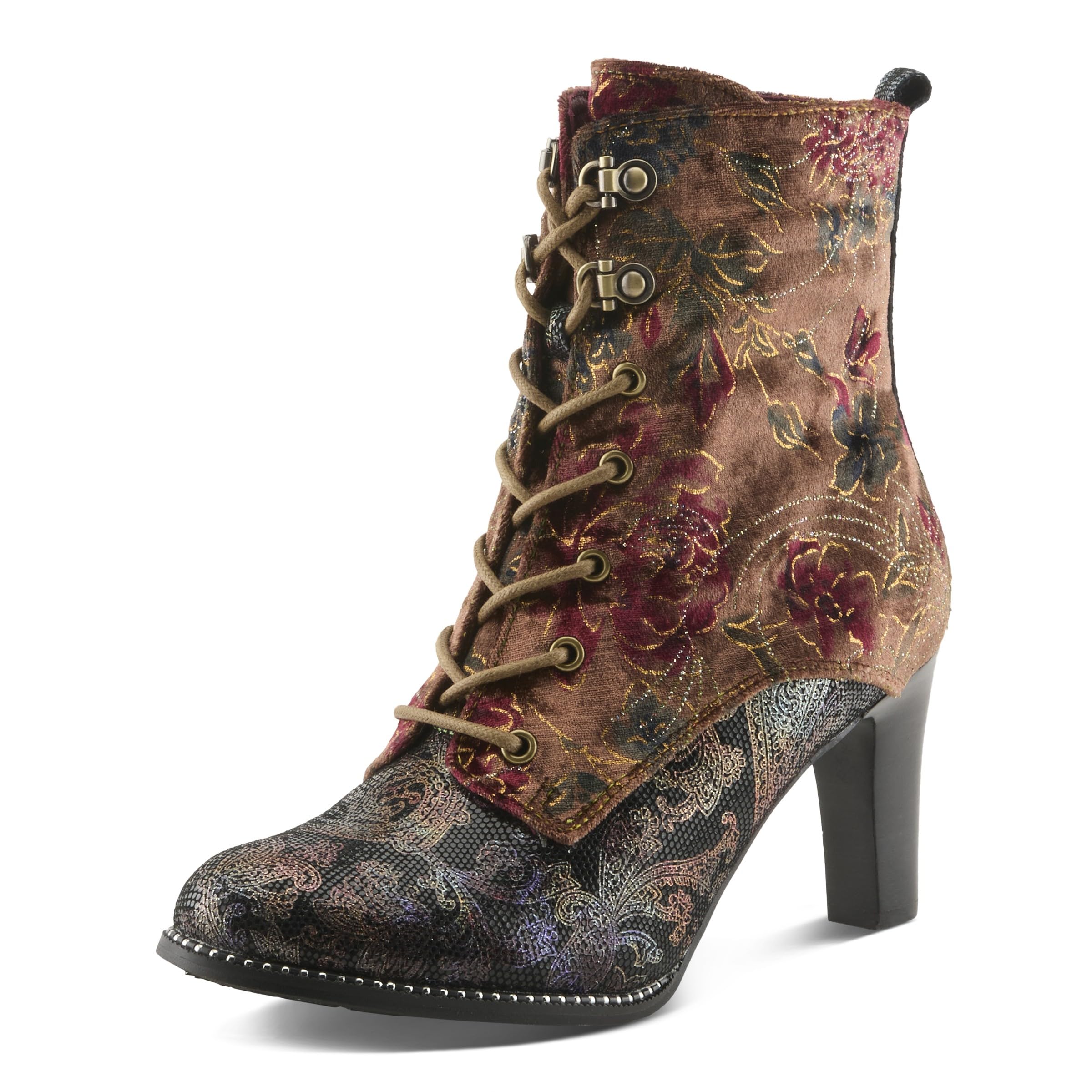 Spring Step LArtiste Stellar Heeled Booties Baroque-Inspired Lace-Up Suede Ankle Boots
