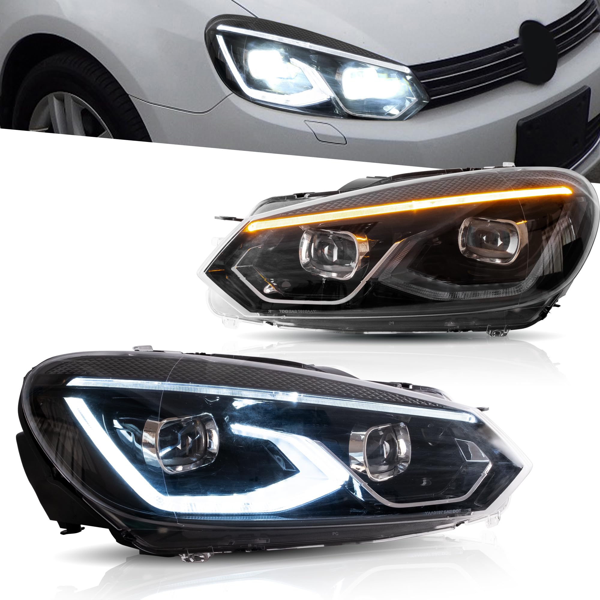 VLAND Phare LED pour Golf 6 Golf VI TSI 2008-2013 [Uniquement pour halogène], avec animation dynamique, ampoules non incluses