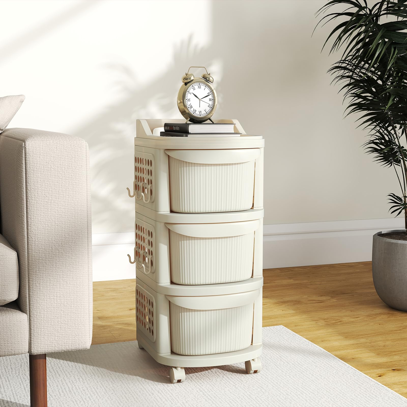 GIANTEX Chariot de Rangement à roulettes avec 3 Tiroirs, Tour de Rangement en Plastiqu, Panneaux Perforés Latéraux, 6 Crochets, Roues Verrouillables, pour Salon, Chambre, Bureau à Domicile