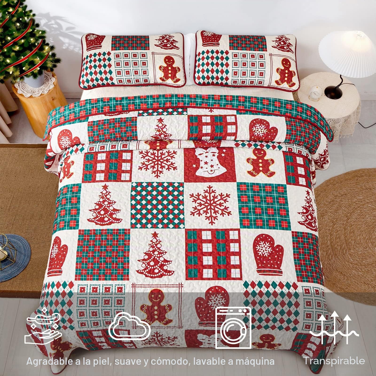 WONGS BEDDING - Colcha navideña, 220x240, con diseño de patchwork rojo, doble cara, para dormitorio, con copos de nieve, adecuada para dormitorio, edredón acolchado con 2 fundas de almohada de 50x75cm
