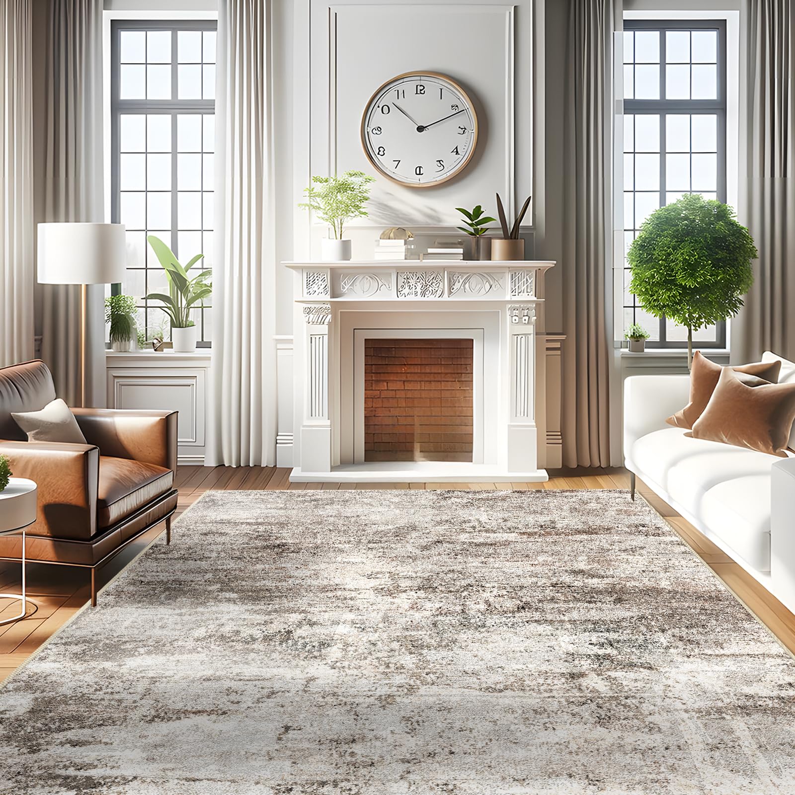 Washable Abstract Rug 8X10?Living Room Large Vintage Area Rug Soft Indoor Low Pile Carpet for Bedroom, Dining Room Non-Slip Stain Resistant Low plie Distressed Floor Decor 8X10 Brown