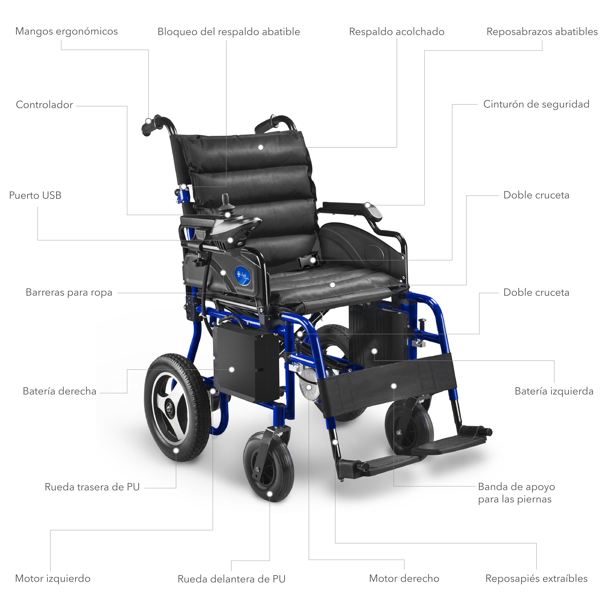 AIESI® Silla de Ruedas eléctrica plegable para personas mayores y discapacitadas AGILA R-EVOLUTION, Reposabrazos y respaldo plegables, Reposapiés extraíbles, Garantía 24 meses