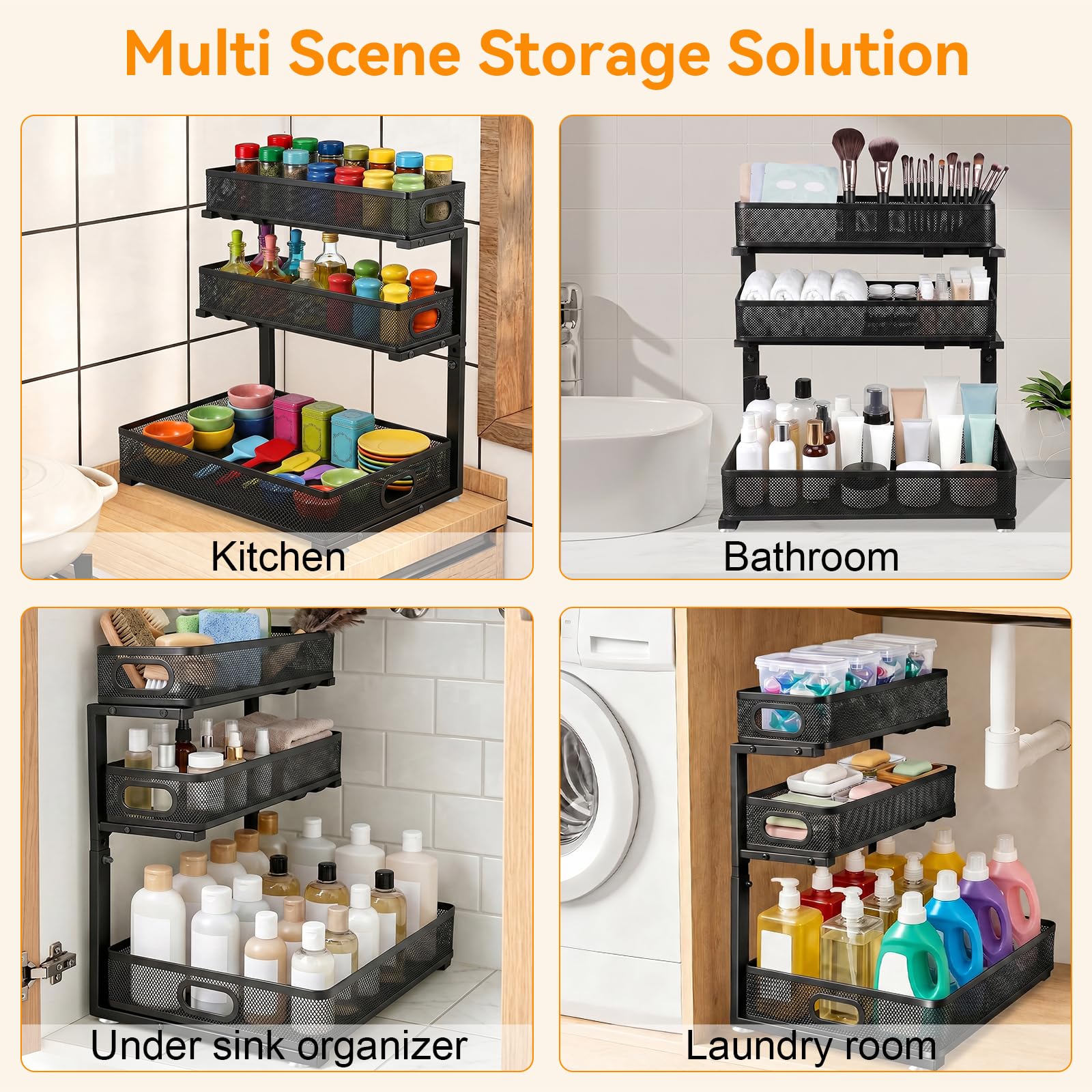 Organizador debajo del fregadero para baño, 3 niveles de altura ajustable debajo del fregadero, estante organizador de gabinete deslizante extraíble, organizador de gabinete multiusos de metal
