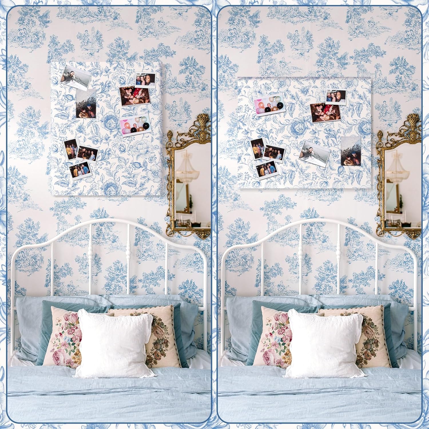 DoubleFill Floral Cork Bulletin Board Canvas Framed 24" x 20" Corkboard Blue Floral Wall Art for Home Office School Decor Preppy Room Decor