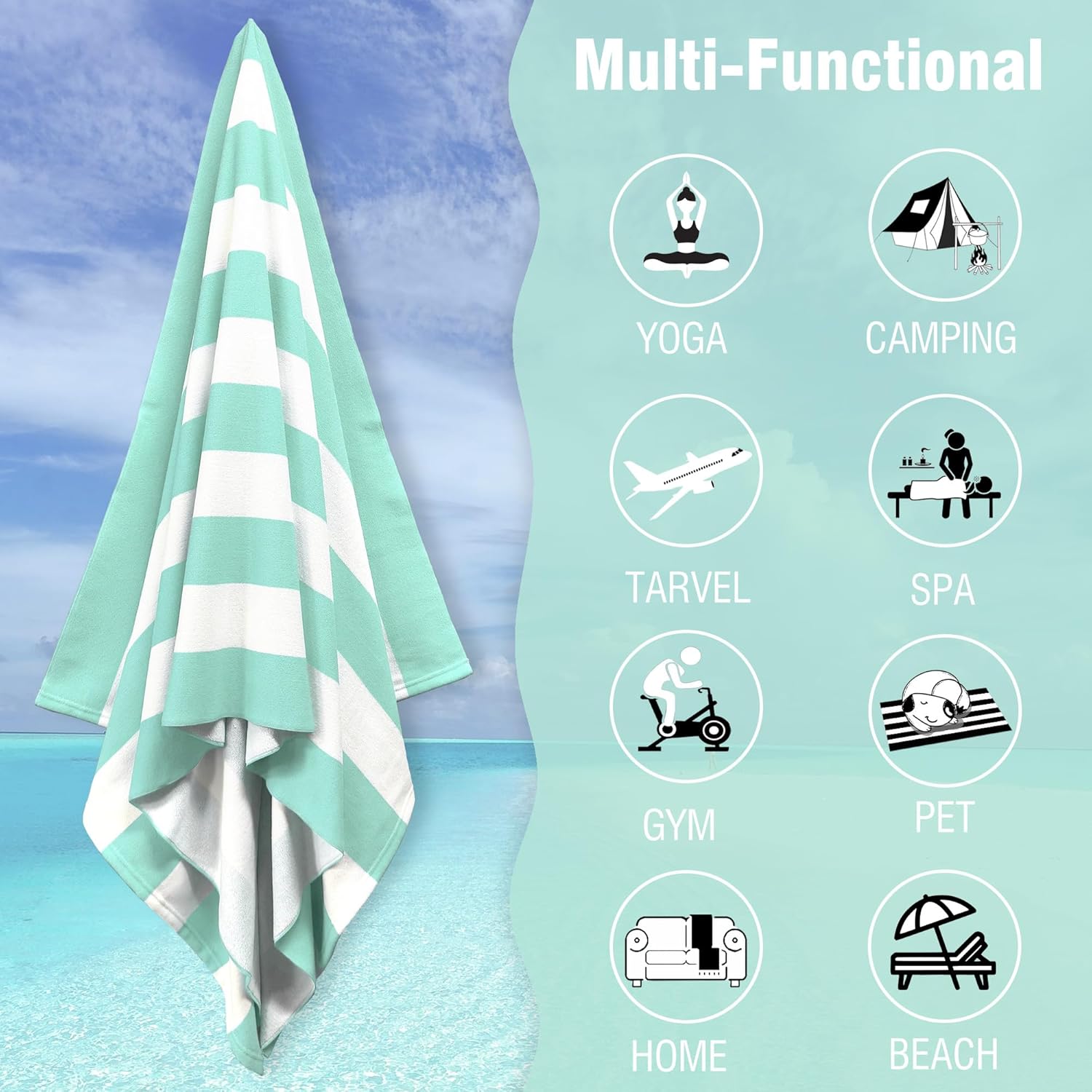 Large Oversized Beach Towel - 35 x 70 Inch Microfiber Pool Towel, Aqua Striped Quick Dry Cabana Swim Towel - Image 5