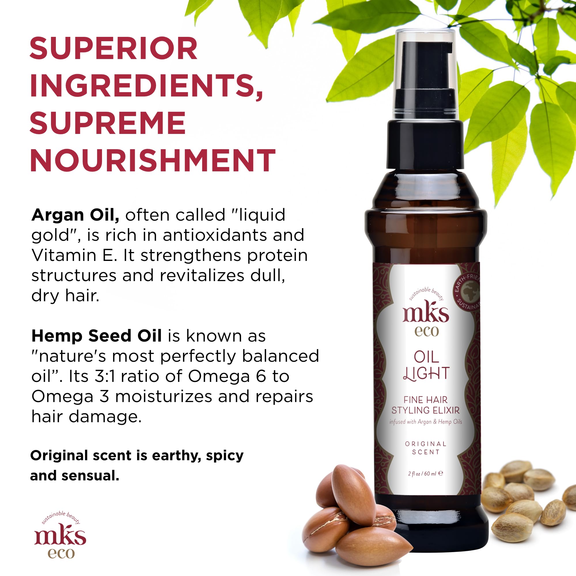 MKS eco Huile Légère, Originale - 2 fl oz - Élixir coiffant - Huile d'Argan du Maroc, Huile de Graines de Chanvre - Idéal pour cheveux fins - Hydrate, nourrit les cheveux et contrôle les frisottis