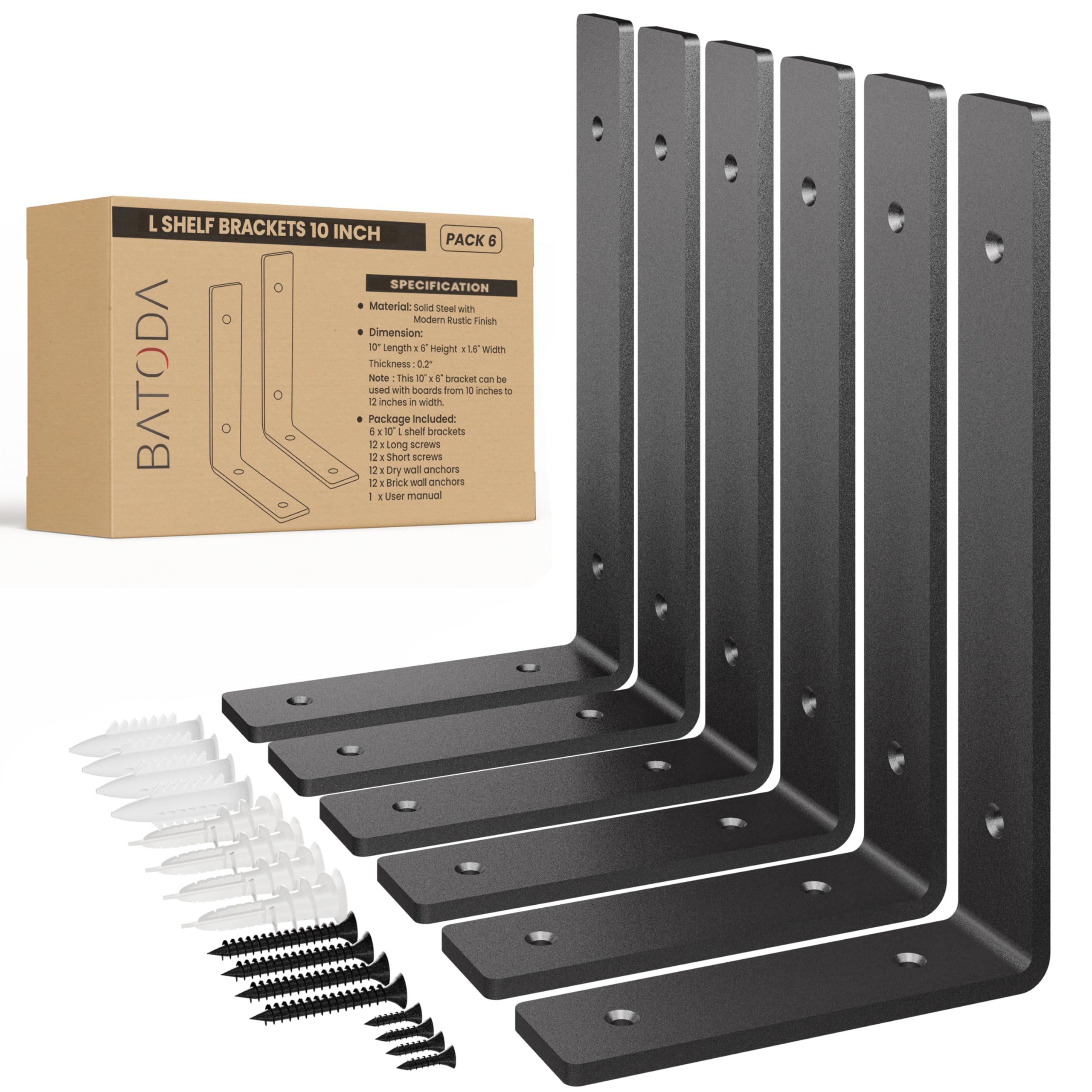 BATODA Pack 6 - 10”L Heavy Duty Shelf Brackets - L Shelf Brackets Black - Hook Brackets for Floating Shelves - Wall Mounted Support for DIY Open Shelving – Shelving Mounting Hardware Included