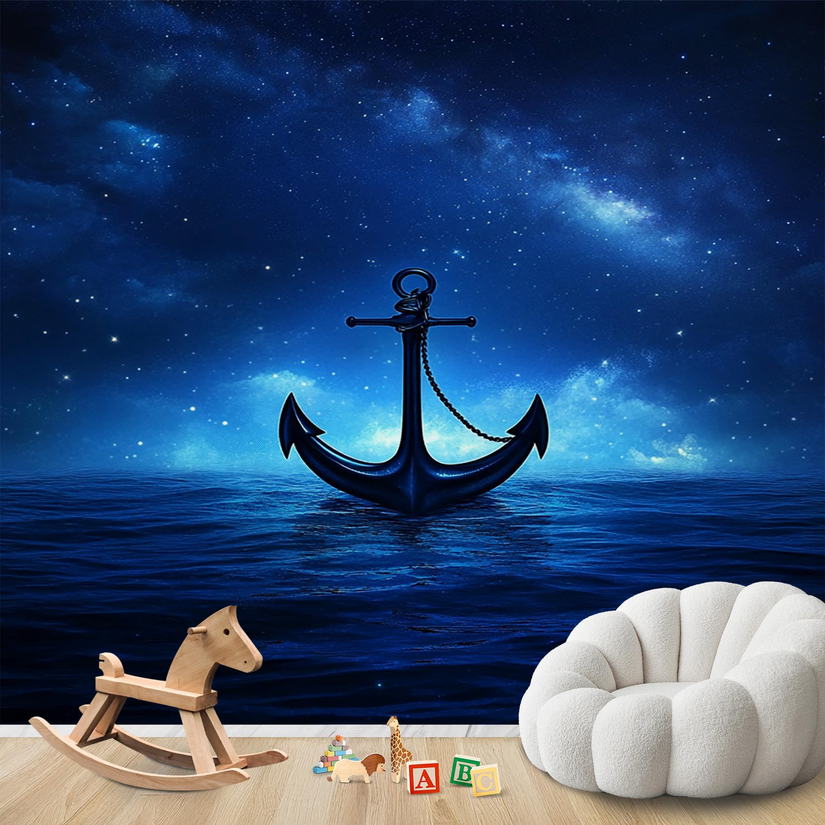 Fototapete Anker Schlafzimmer, 3D Tapete Nautisch Meer, Vliestapete Blau, Tapeten Wohnzimmer Muster, Sternenhimmel Küste Wand Deko Kinderzimmer, Wandtapete, Mustertapete 416x254 cm