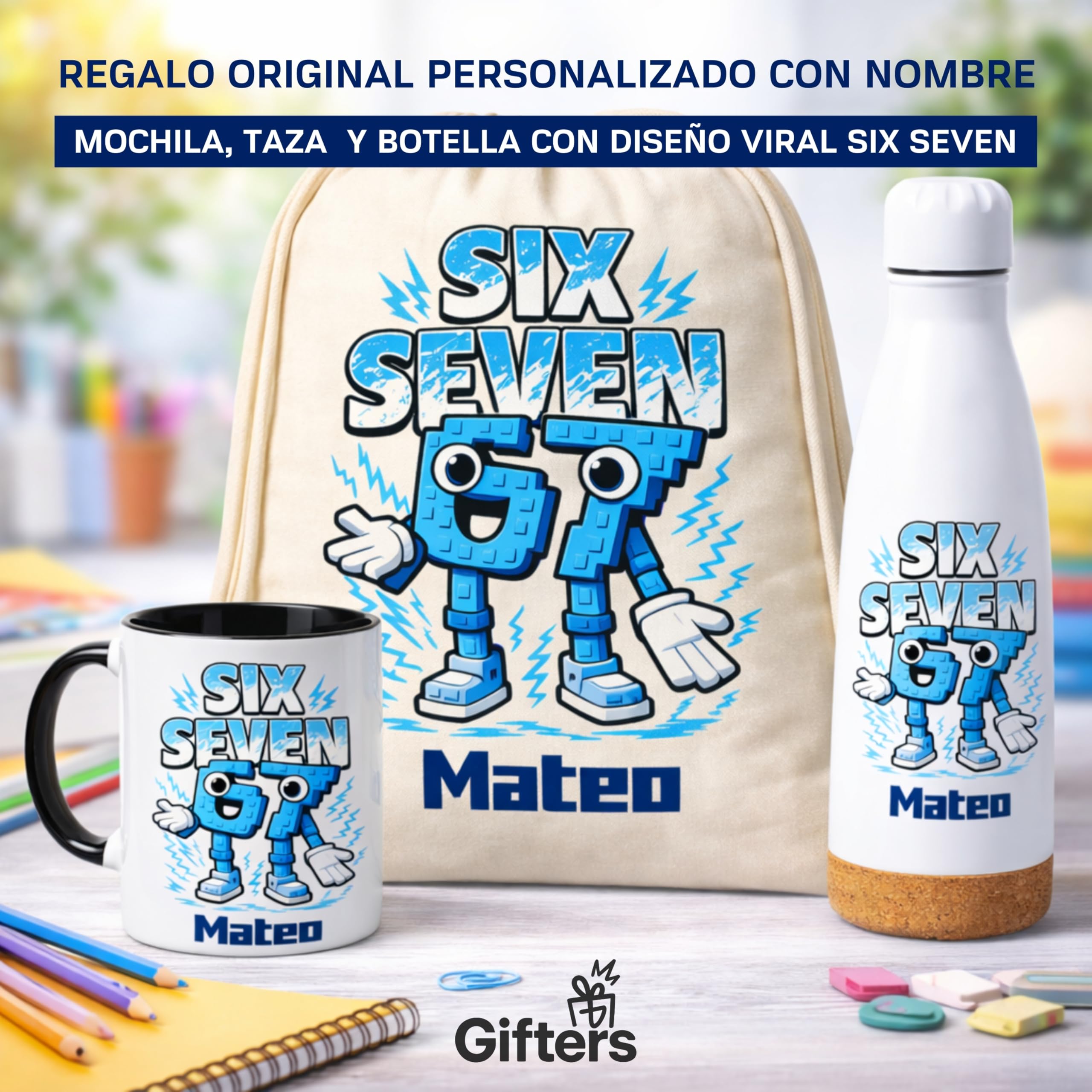 Gifters | Pack Regalo Personalizado Niño SIX SEVEN | Mochila de Cuerdas + Termo + Taza con Nombre | Kit Escolar Infantil | Regalo Original Niño, Cumpleaños, Navidad y Comunión | Pack Vuelta al Cole