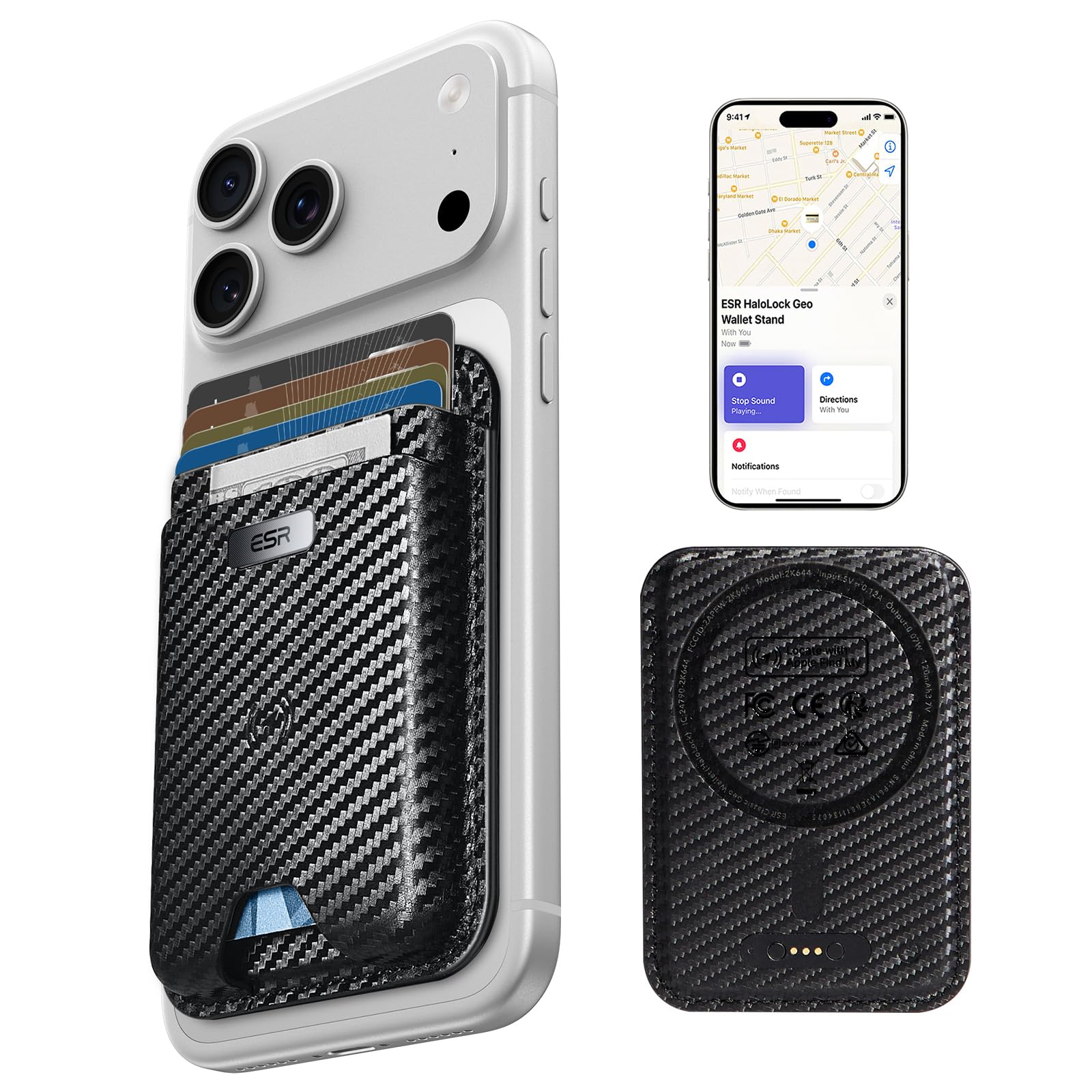 Photo 1 of ESR Geo for MagSafe Wallet with Find My Functionality, RFID Blocking, 5 Cards Holder for Phone Case, Strong Magnetic Wallet for iPhone 17e/17/16/15/14/13/12 Series, Not for Mini, Black Carbon Fiber