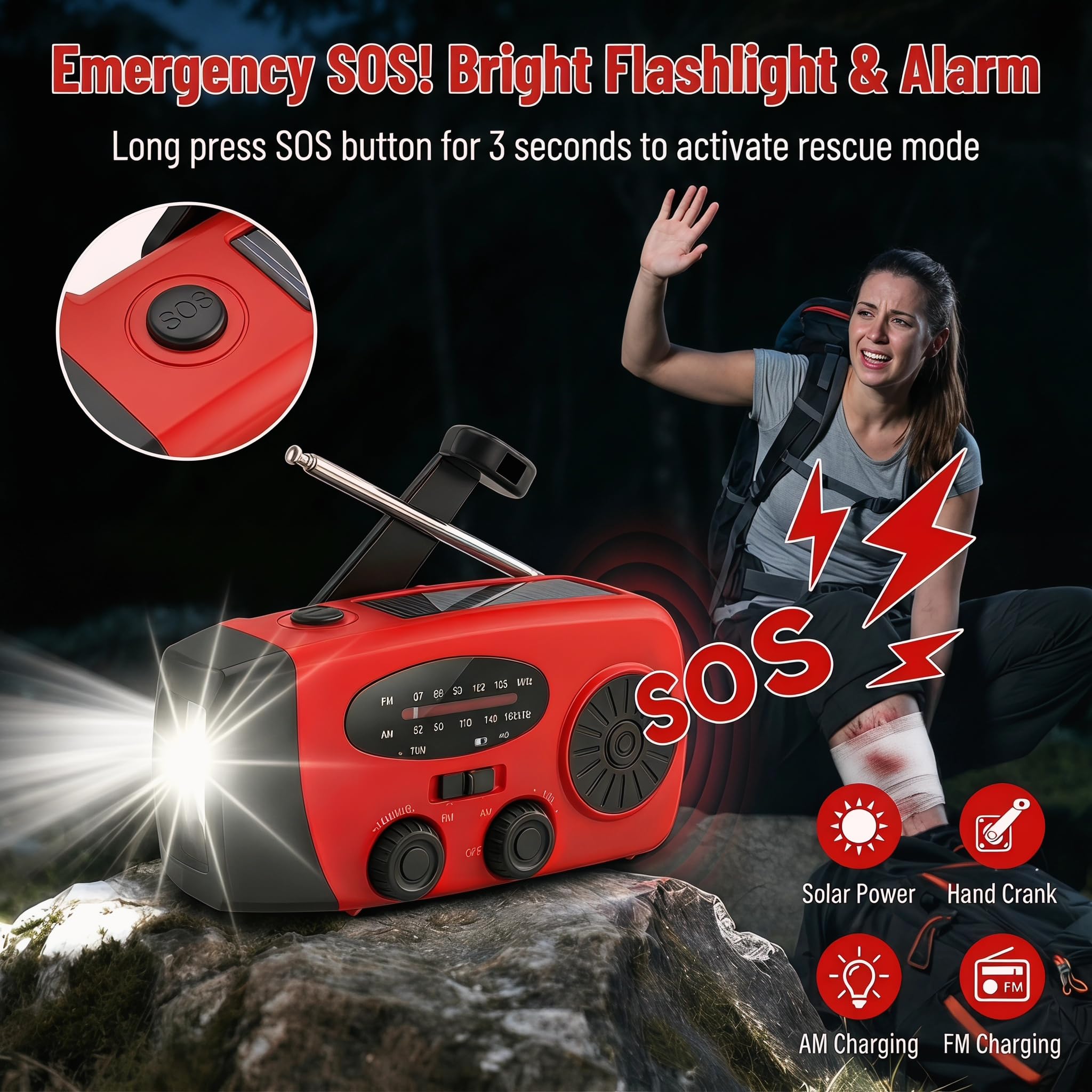 Radio di Emergenza con Manovella e Solare, Powerbank 2000mAh per Cellulare, Torcia LED con Allarme SOS, Radio AM/FM Portatile per Blackout, Tempesta, Campeggio, Escursionismo, Auto e Famiglia