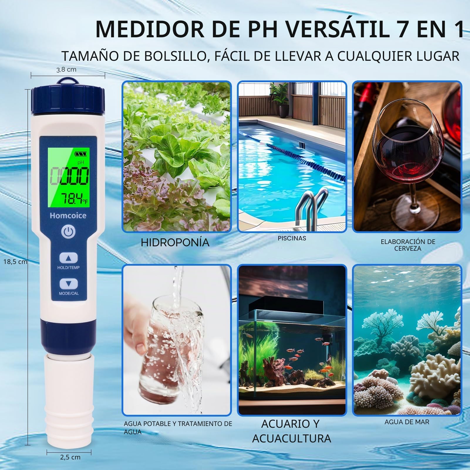 Medidor pH Piscina 7 en 1 con temperatura TDS EC SALINIDAD S.G ORP, pH Tester profesional IP67 a prueba de agua, phmetro digital alta precisión 0.01, probador análisis agua con función ATC