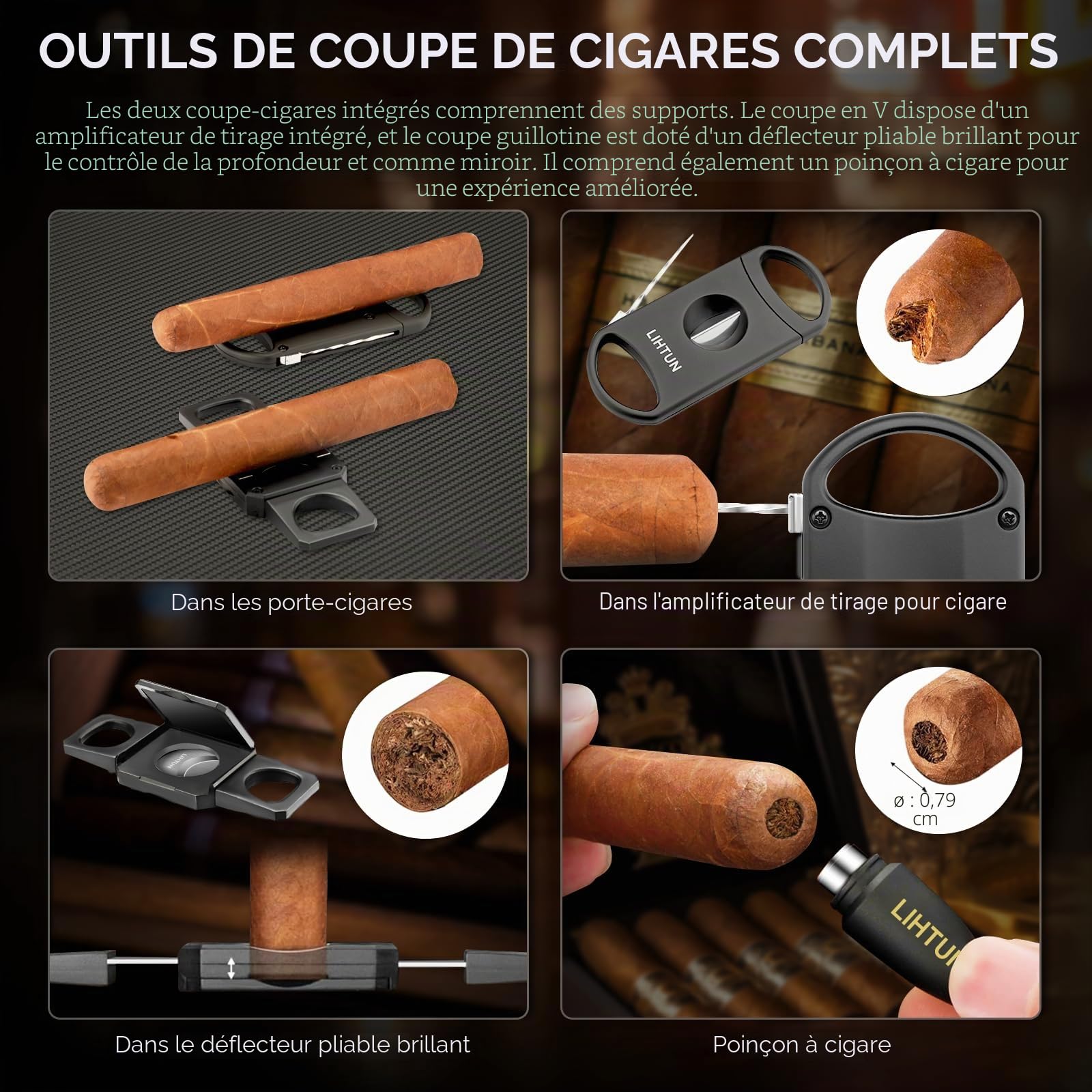 LIHTUN Ensemble d'accessoires pour cigares et cave à cigares de voyage avec 2 coupe-cigares, 1 perforateur à cigares, hygromètre, triple cave à cigares, excellent cadeau pour homme