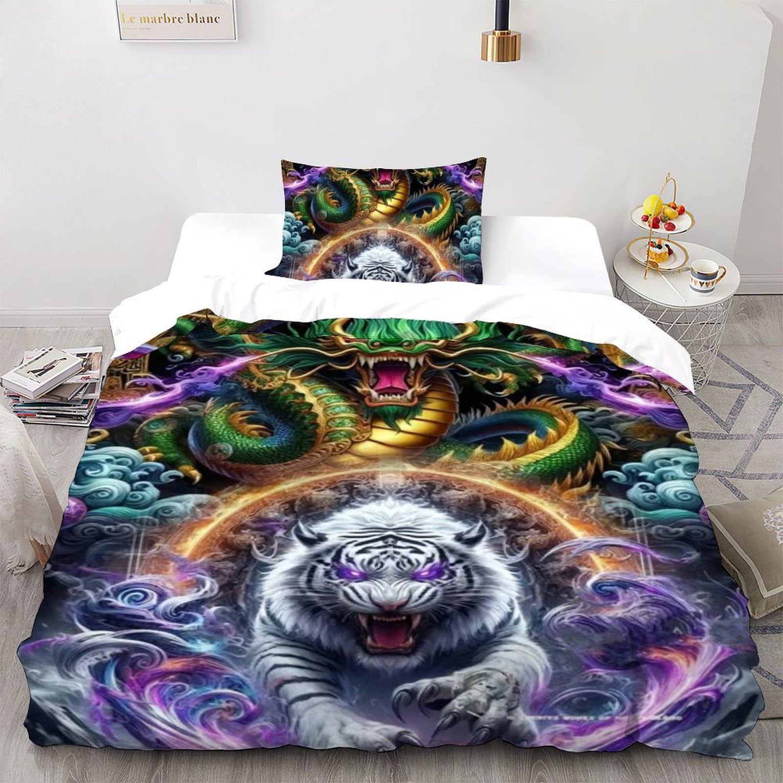 Housse de couette tigre 135x200 cm en microfibre avec 1 taie d'oreiller pour lit single