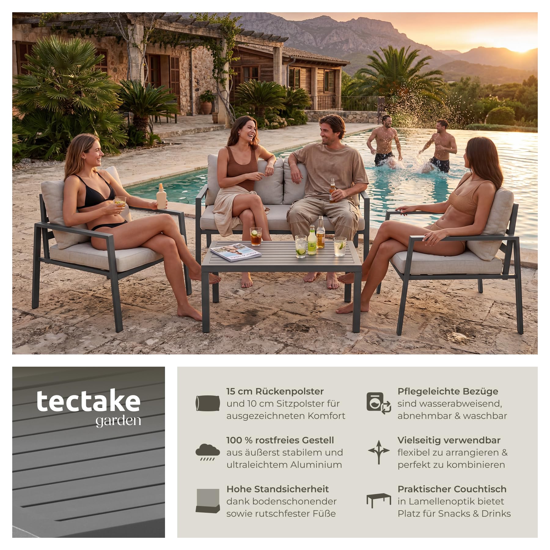 tectake® Aluminium Lounge, Set mit 2 Sessel 1 Sofa 1 Beistelltisch Outdoor, Gartenmöbel mit Kissen, Loungemöbel Set für Balkon, Garten, Wintergarten, Terrassenmöbel - hellgrau