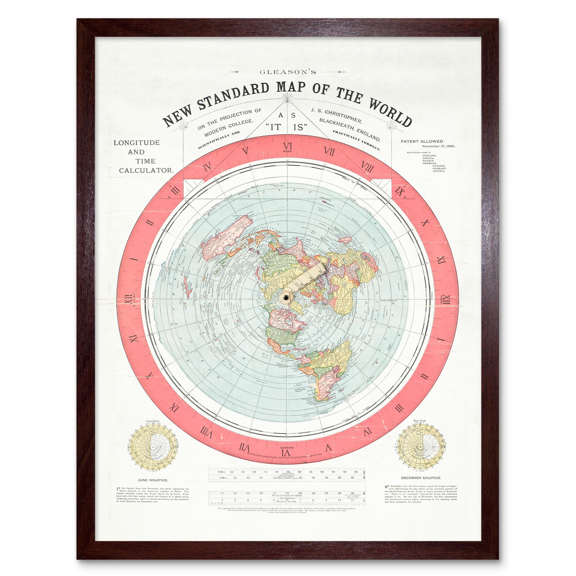 Gleason 1892 New Standard Map of the World Time Calculator - Flat Earth Vintage Poster Art - Framed Print - W12 x H16 inch - Brown