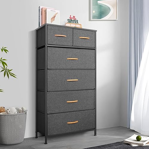 Miniatura 2 de Mifuro Tall Dresser for Bedroom, Vertical Storage Organizer Tower with 6 Drawers, Chest of Drawers with Fabric Bins, Steel Frame, Wood Top for Gris