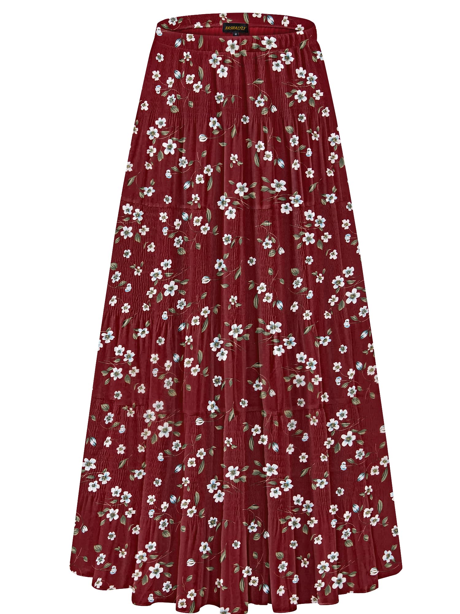 NASHALYLY Women's Chiffon Elastic High Waist Pleated A-Line Maxi Skirts