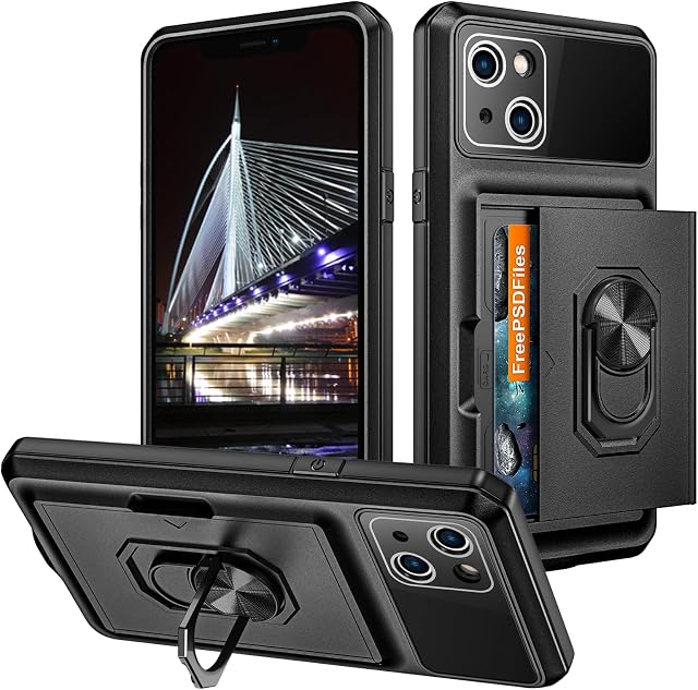 Vunake for iPhone 14 Case with Card Holder iPhone 14 Wallet Case with Ring Kickstand 2-Cards Slot Case Heavy Duty Hard PC TPU Bumper Cover Shockproof Protective Phone Case Cover for iPhone 14,Black