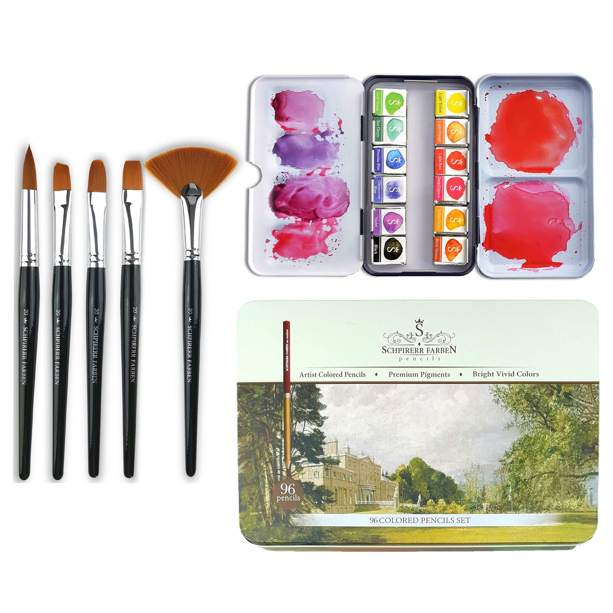 Get a Bundle of SCHPIRERR FARBEN with 96 Colored Pencils for Artists, 12 Watercolor Paint Set and 5 Paint Brushes Size 20 for a Reduced Price, Ideal for Young and Seasoned Artists