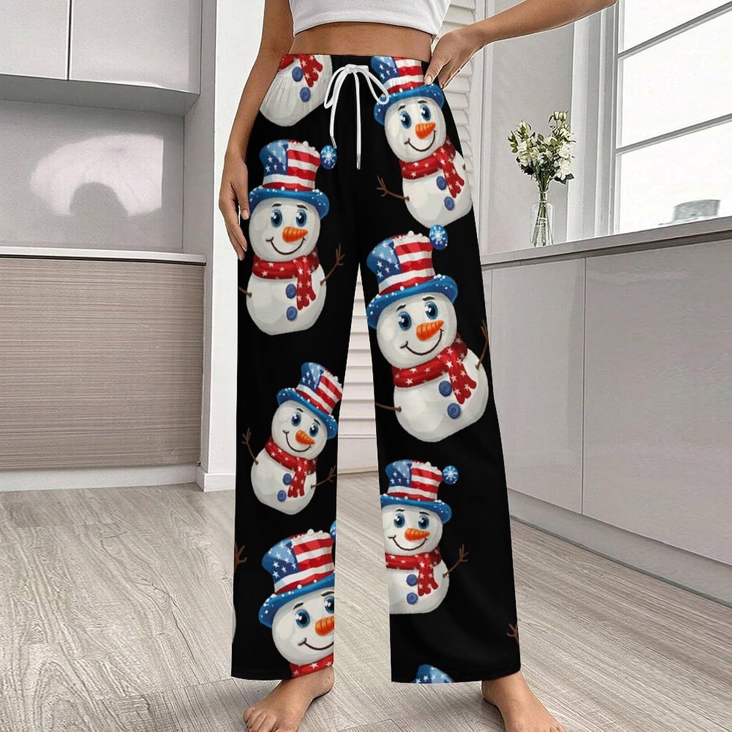 Cute Snowman With U.S. Flag Hat Women's Pajamas Pants Lounge Bottoms Trousers Sleepwear Nightwear Pjs
