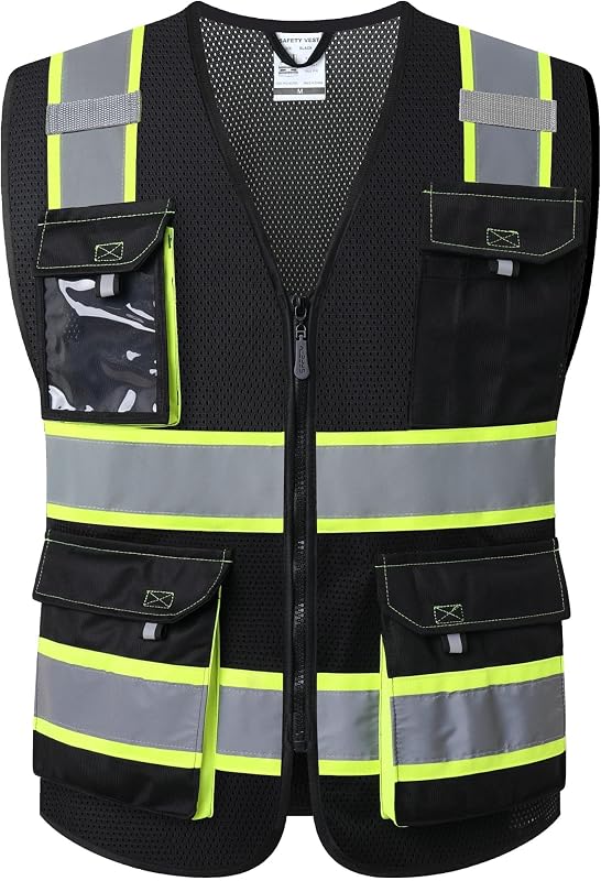 Chaleco de seguridad JKSafety para hombres Mujeres Chaleco reflectante Hi Vis JK220 Negro S | Normas ANSI 5 bolsillos utilitarios 4 tiras reflectantes Tela de malla de alta visibilidad Confección Ropa de seguridad Neón para el trabajo