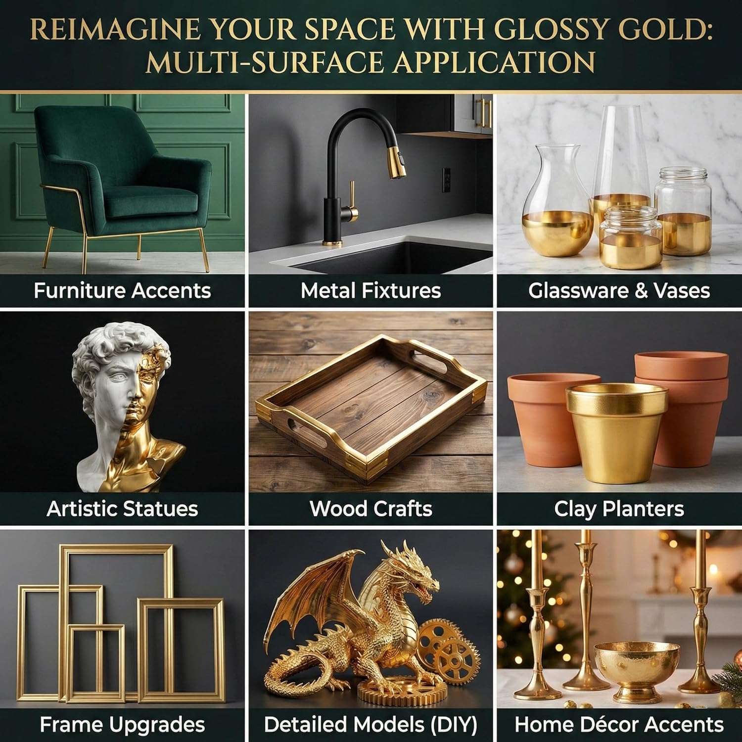 Gold Paint 1 Gallon, Metallic Liquid Gold Leaf Paint - Non Toxic Shiny Acrylic Coating for Metal, Wood, Furniture, Wall, Clay, DIY Crafts, Artwork & Home Décor