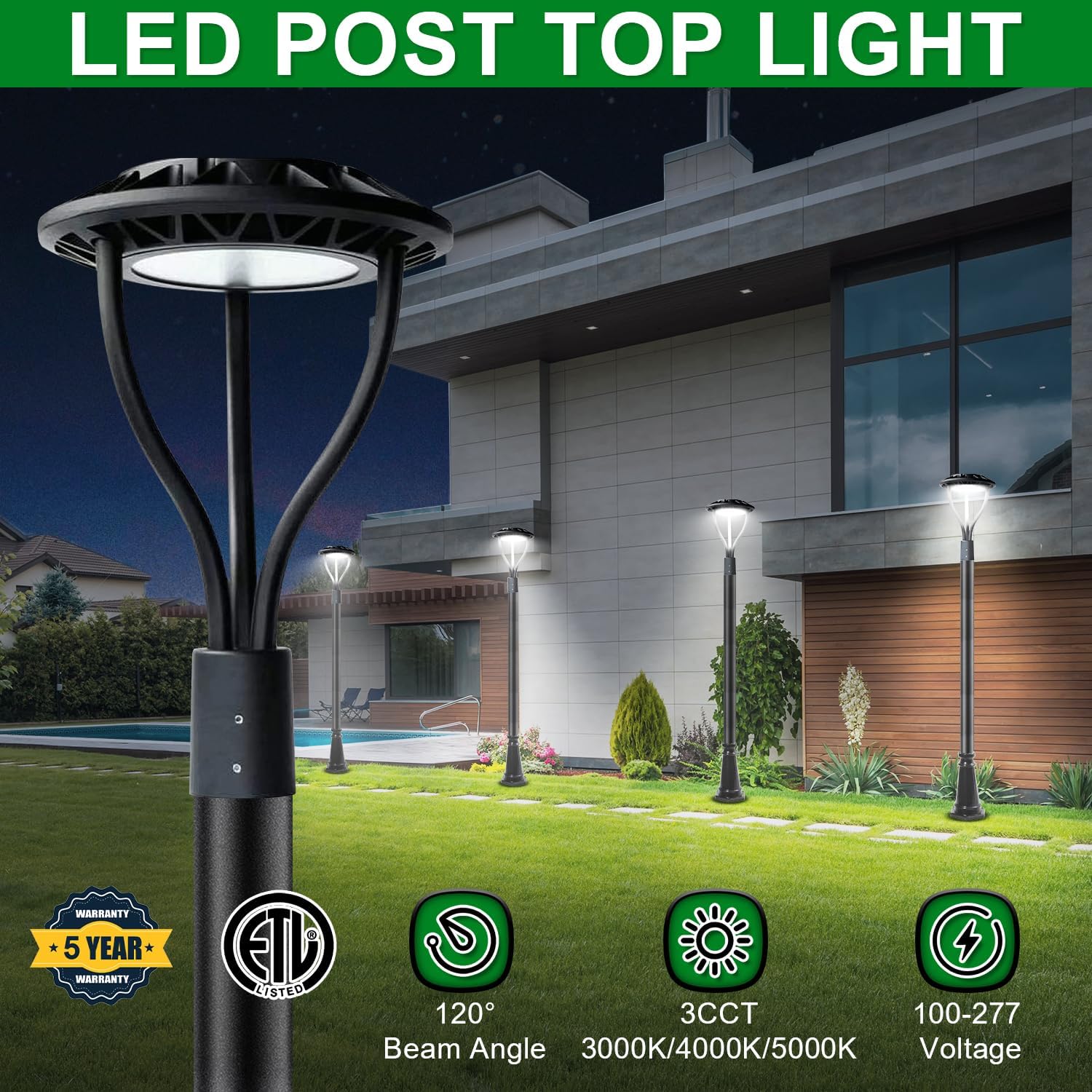OSTEK Led Post Top Pole Lights with Dusk to Dawn Photocell 20W/30W/40W/60W Selectable, 3000K/4000K/5000K CCT Tunable Outdoor LED Circular Garden Yard Area Lights for Pathway Light Fixture IP65