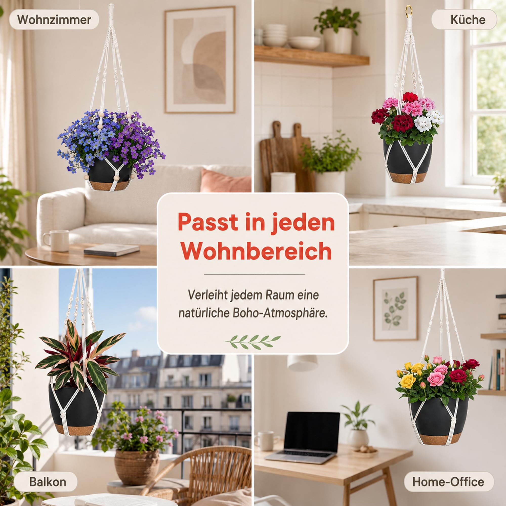 Lot de 3 pots de fleurs suspendus pour extérieur et intérieur, pots de fleurs suspendus avec auto-arrosage (14/15/18 cm), blanc bohème en macramé pour plantes d'intérieur, balcon et jardin