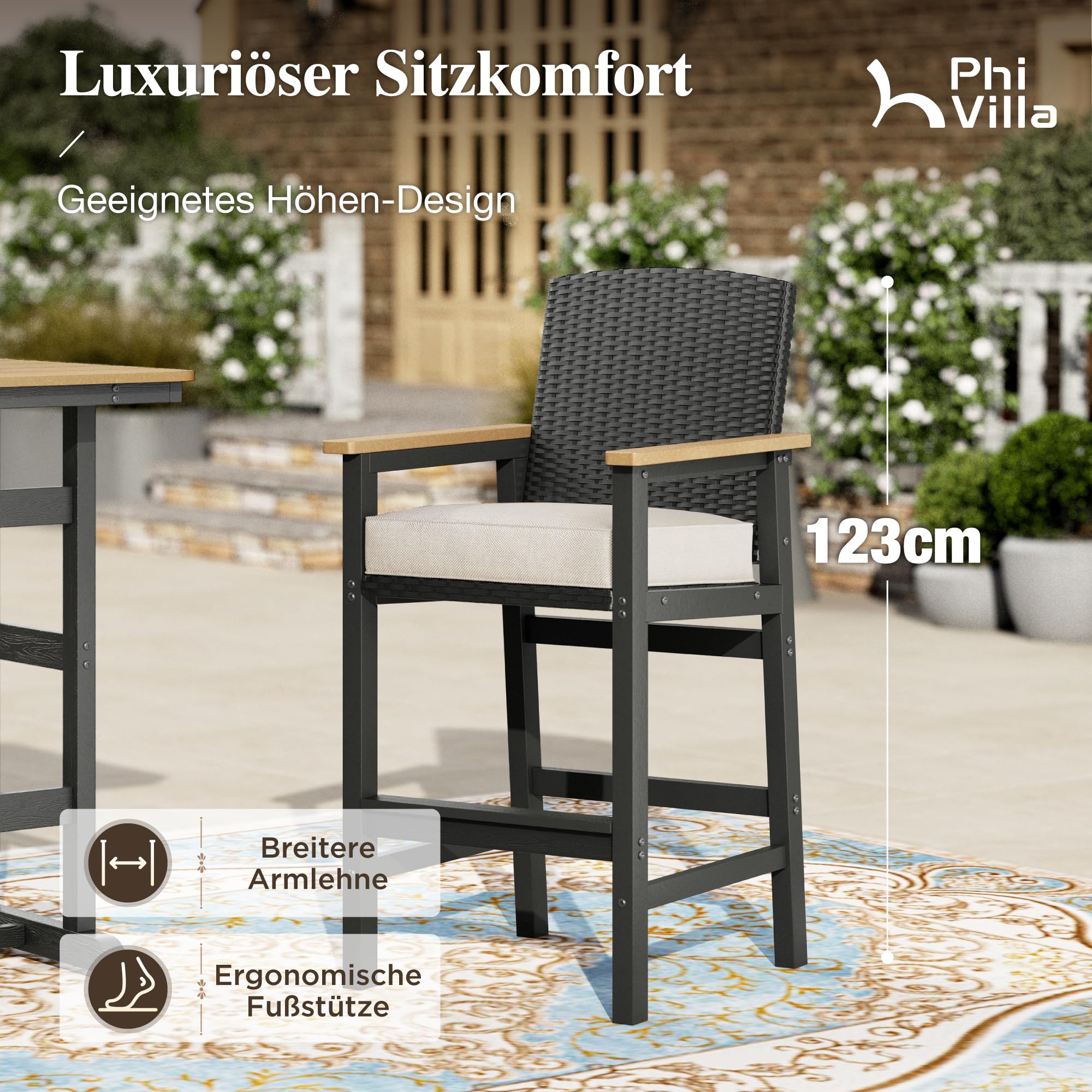 PHI VILLA 3-teiliges Bartisch mit Barhocker Set, Outdoor Barmöbel Garten Bartisch Set mit Rattan Hocker und Tischplatte in Holzmaserung, Bar Tisch mit 2 Stühlen für Terrasse