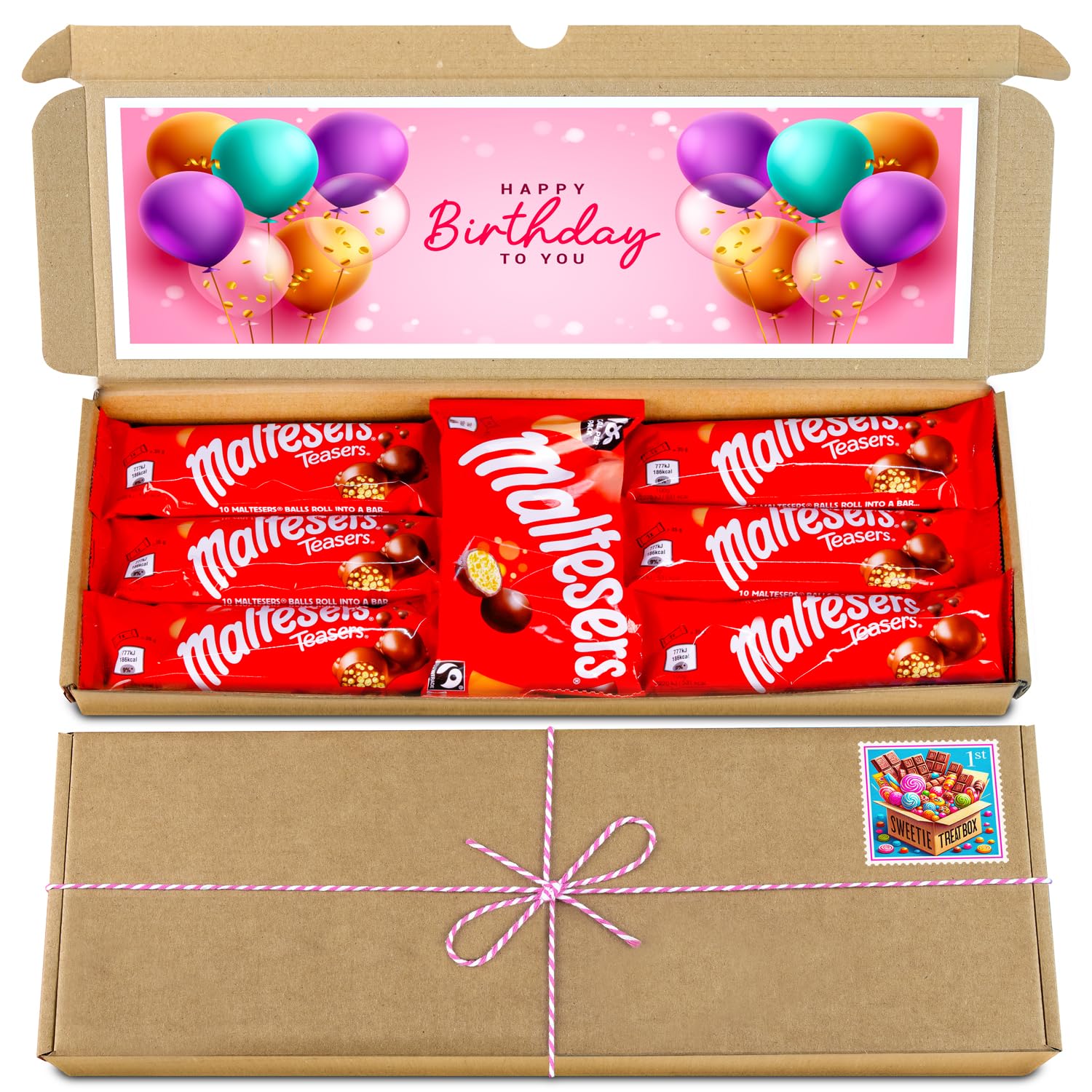 Selection Box Chocolate Hamper | Letter Box Gift | 7 Fullsize Malteaser Chocolate Treats | Ideal Gifts For Women, Men, Kids (Happy Birthday (Pink), Full Size)