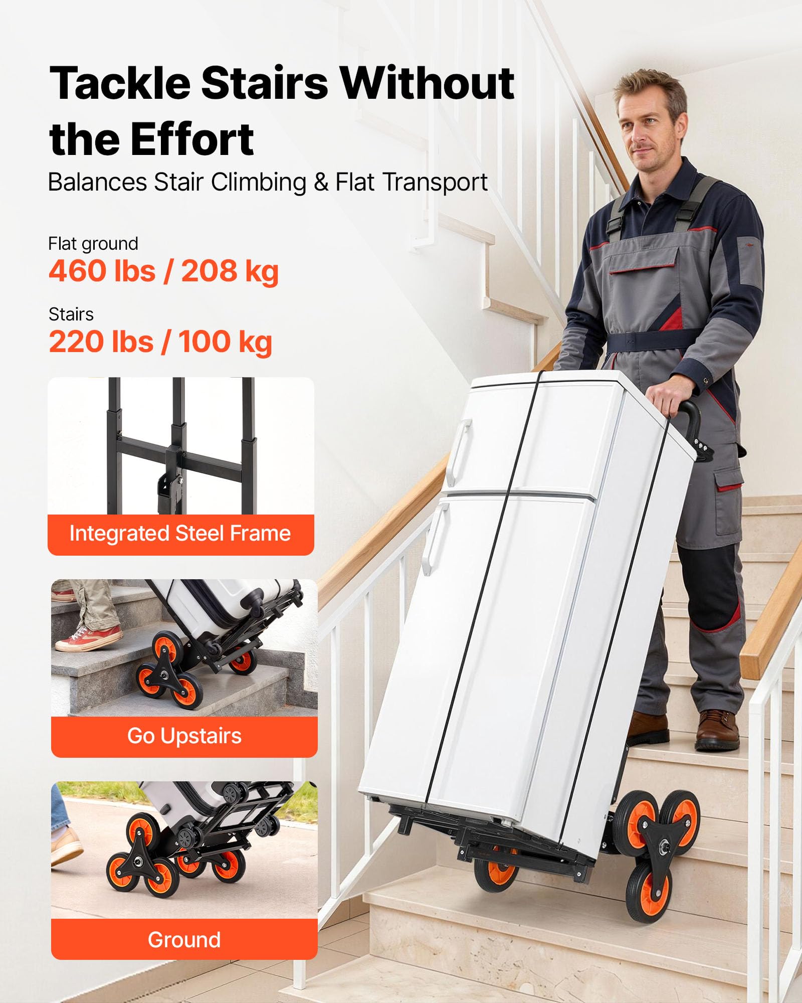 VEVOR Carrello Pieghevole per Scale Capacità di Salita Scale 100 kg, per Carichi Pesanti con Maniglia Telescopica, 6 Ruote e 2 Corde Elastiche, Carrello Saliscale per Generi Alimentari, Magazzino - 2