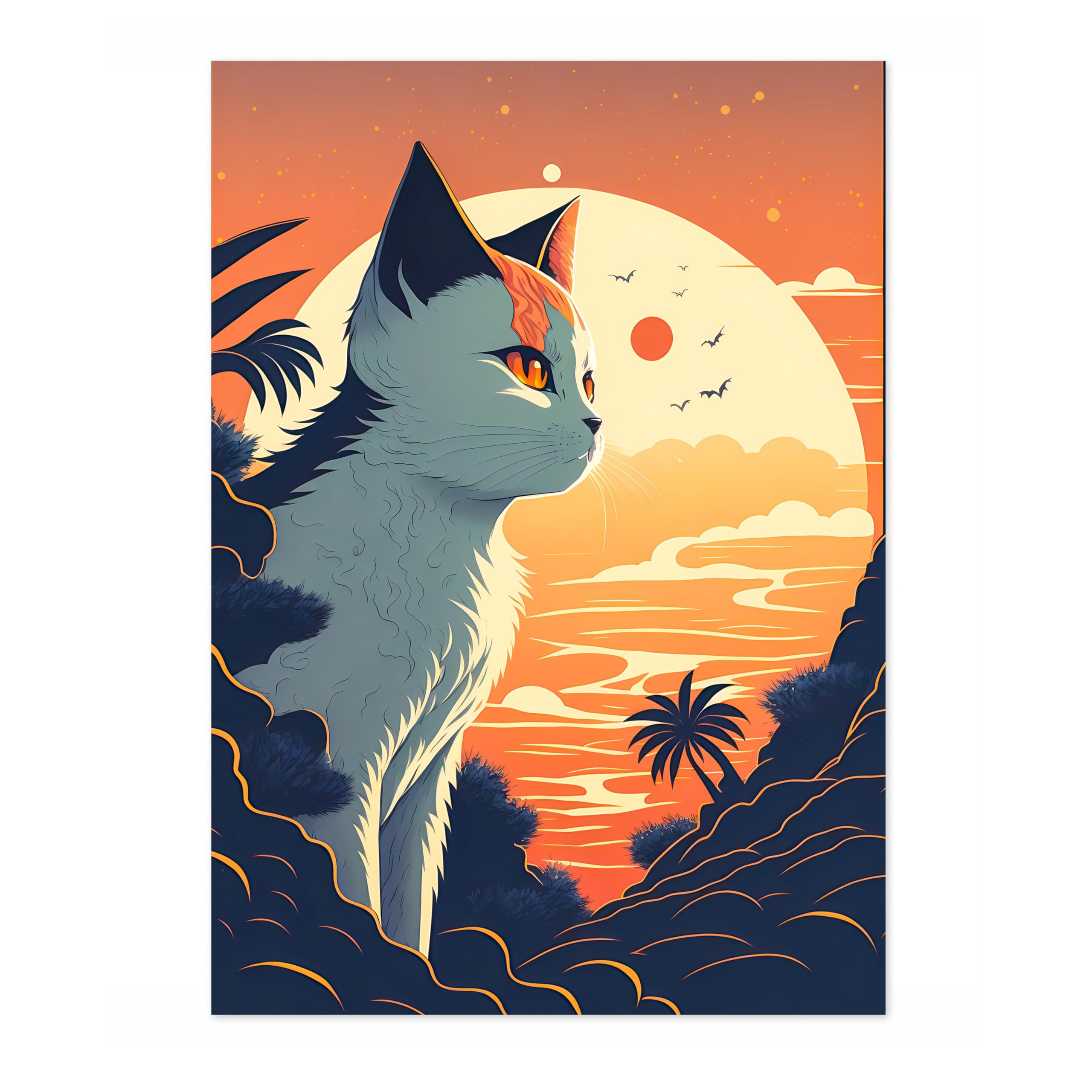 Sunset Cat Anime Woodblock Poster Modern Woodblock Print, Cartoon Manga Kitten Wall Art Decor, Modern Japanese, Cat Lovers, 50x70cm (Print Only) - 50x70cm