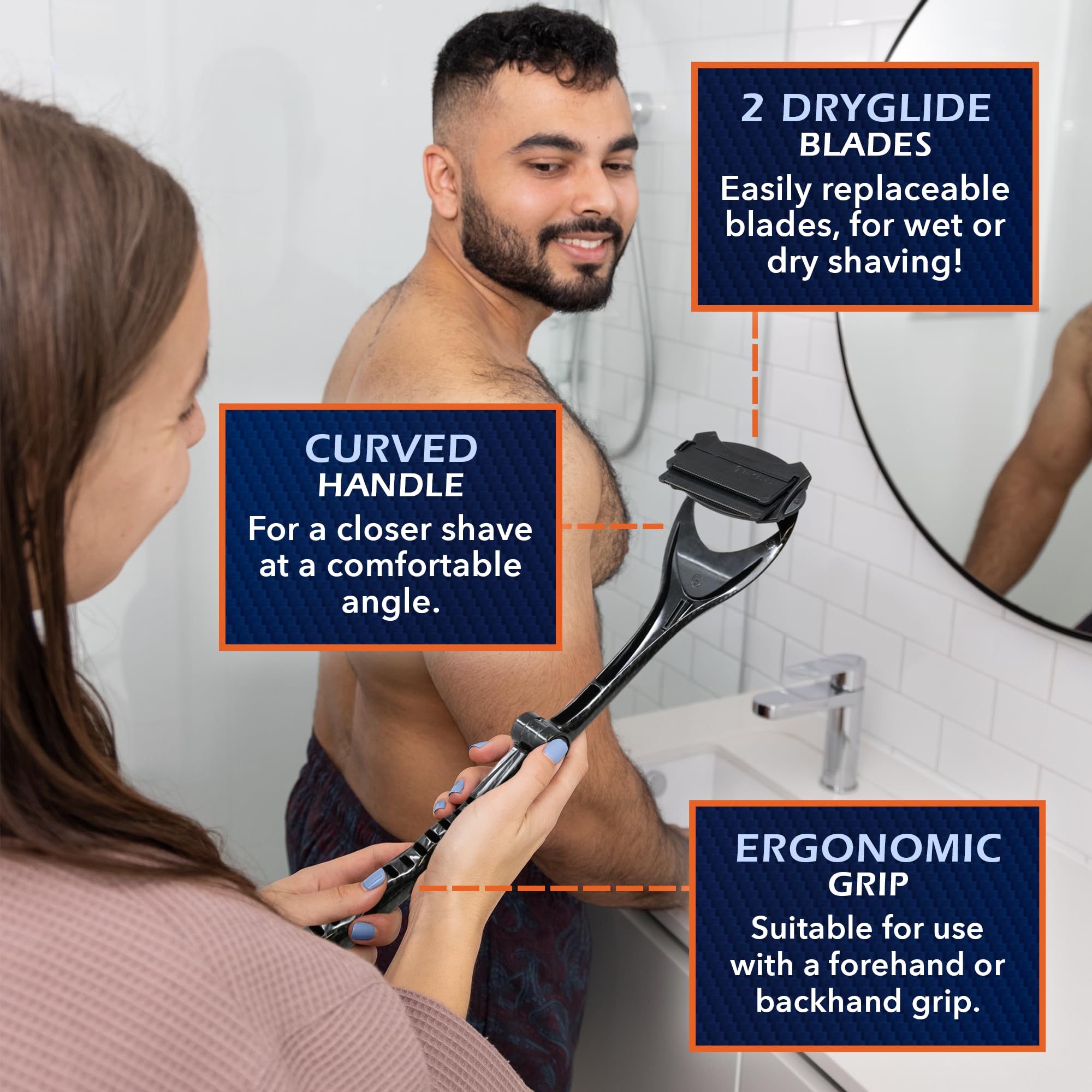 BakBlade 2.0 Carbon Fibre Effect – maszynka do golenia pleców dla mężczyzn (DIY), ergonomiczna rączka, golenie na mokro i na sucho (dodatkowe ostrza w zestawie)