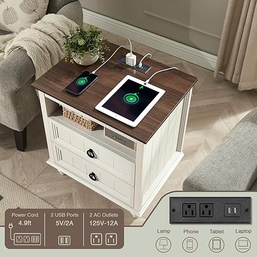 Miniatura 4 de Mesita de noche de granja con estación de carga, mesa auxiliar grande de 22 pulgadas con 2 cajones y estante abierto, mesita de noche cuadrada de