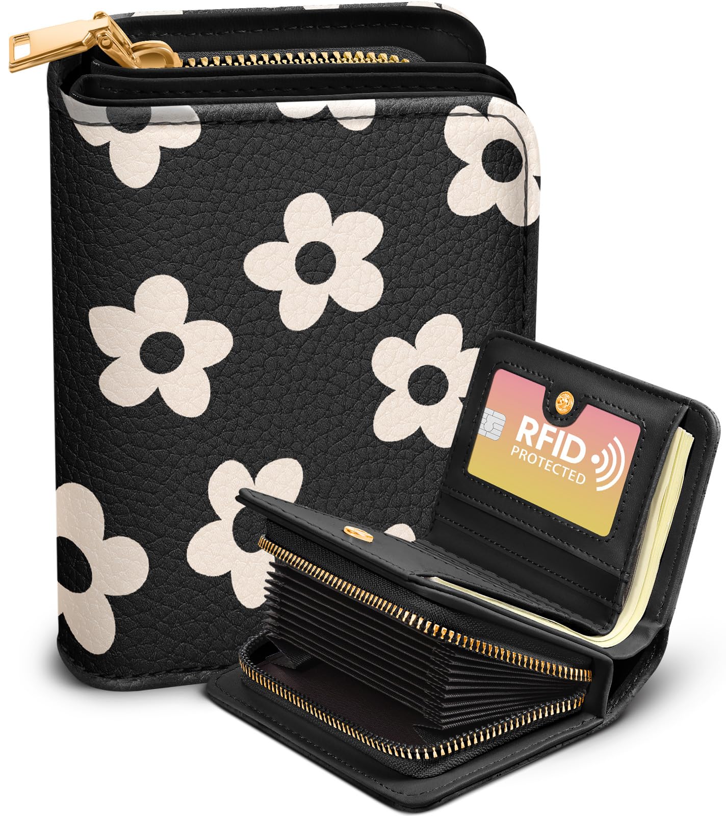 Bistup Credit Card Holder Wallet for Women - Cute Leather Ladies Teen Girls Female Cardholder Wallets Accordion Purse Small Medium Aesthetic Print